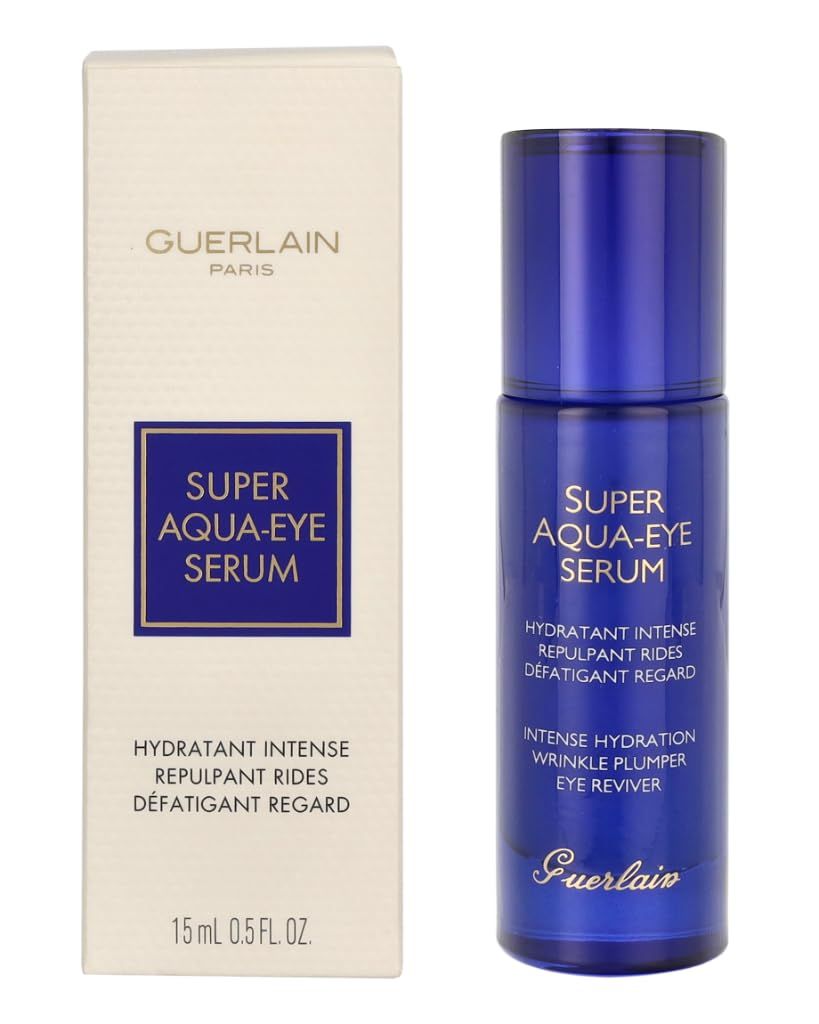 Blauwe serumfles en verpakking. Opschrift: Super Aqua-Eye Serum, Hydratant Intense, Repulpant Rides, Défatigant Regard. Merk: Guerlain.