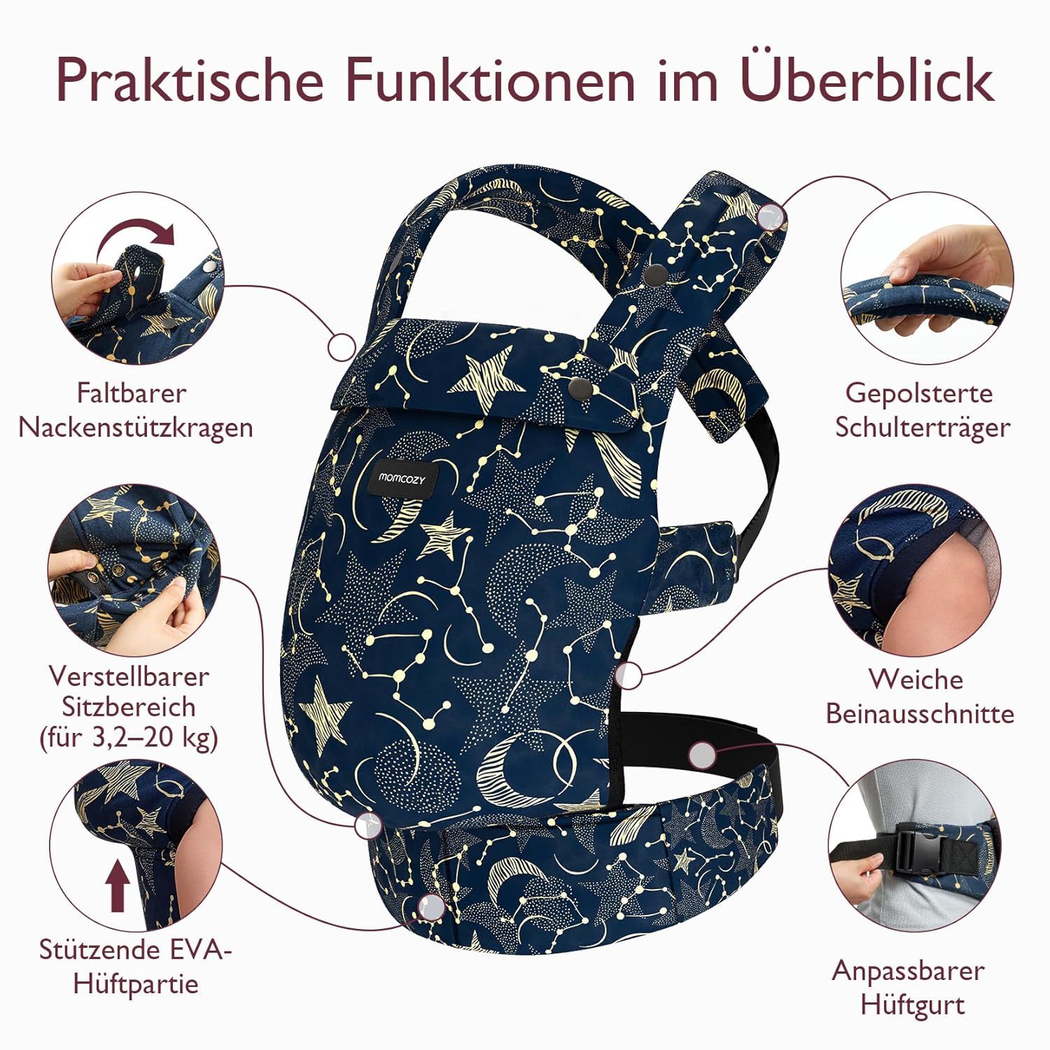 Fonctions pratiques du porte-bébé : appui-tête, bretelles rembourrées, assise réglable.