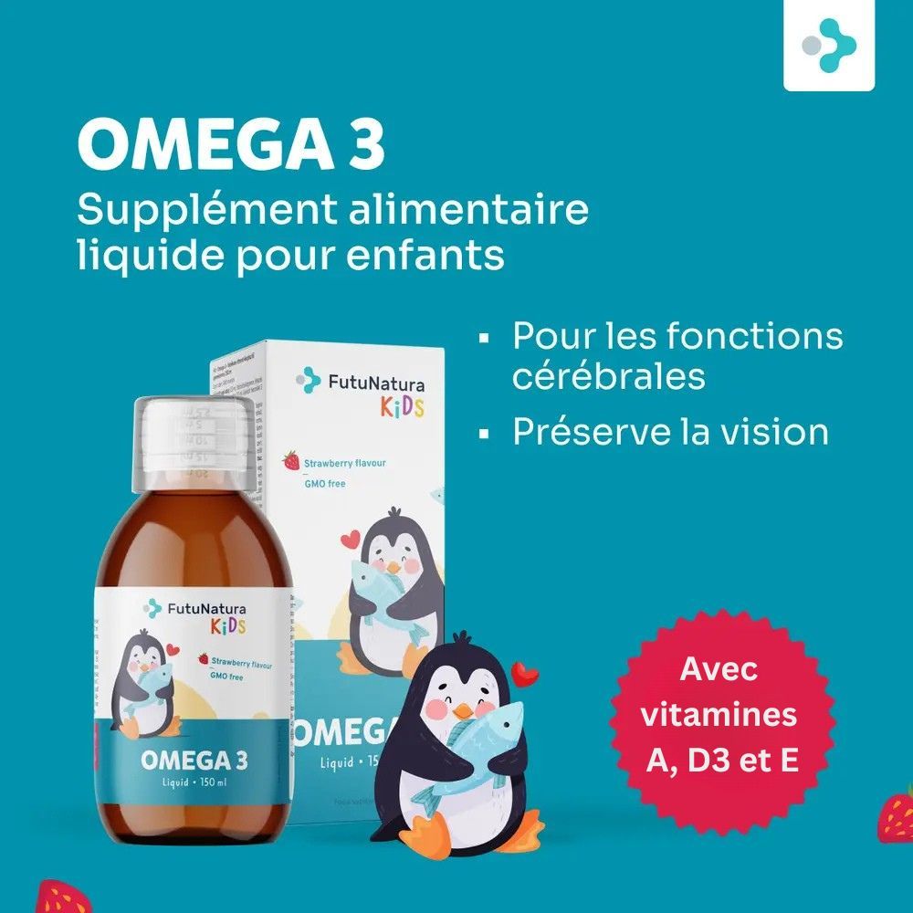 Fond bleu avec texte et image du produit. Texte : Omega 3, complément alimentaire liquide pour enfants. Fonctions cérébrales et vision. Illustration de fraise.