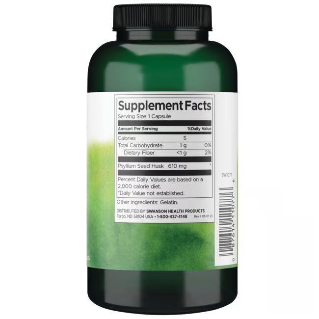 Dos du flacon vert. Étiquette blanche avec informations nutritionnelles et ingrédients. Texte: Psyllium Seed Husk 610 mg.