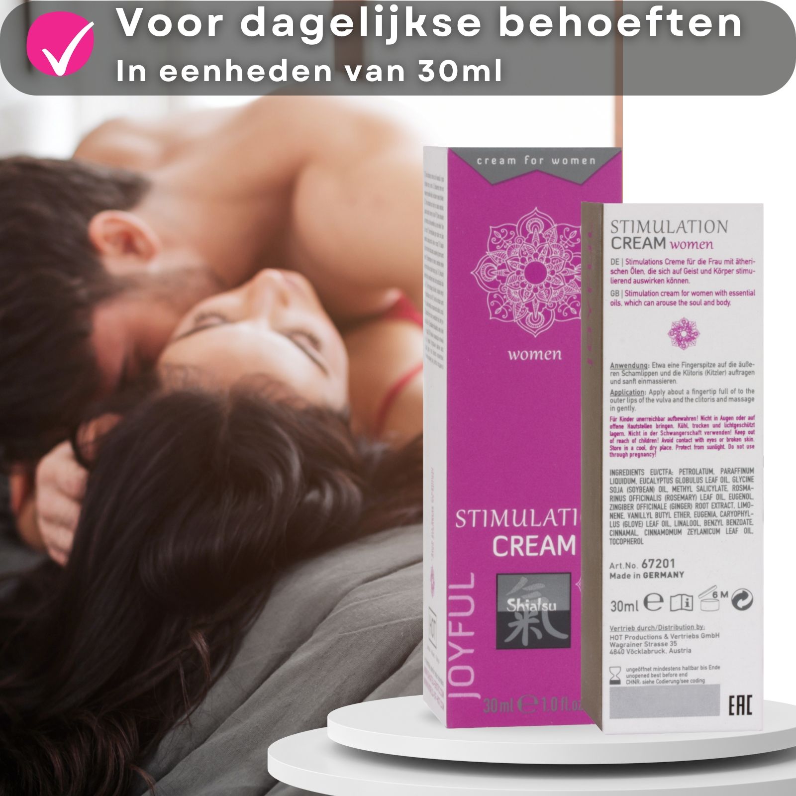 Roze tube en doos. Opschrift: Stimulation Cream, Shiatsu, Joyful. Tekst en paar in bed.