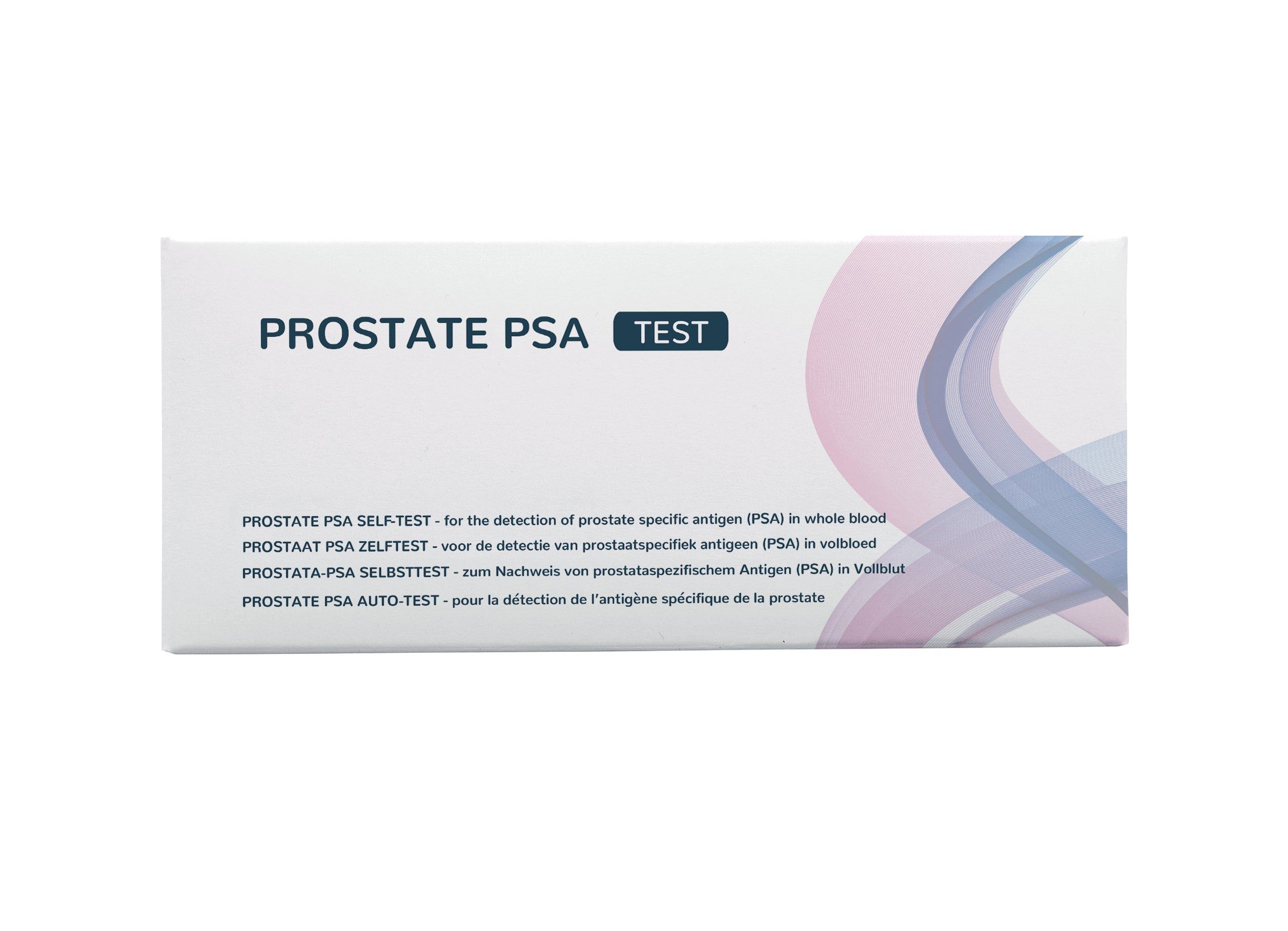 Emballage d'un autotest PSA prostatique avec informations produit multilingues.