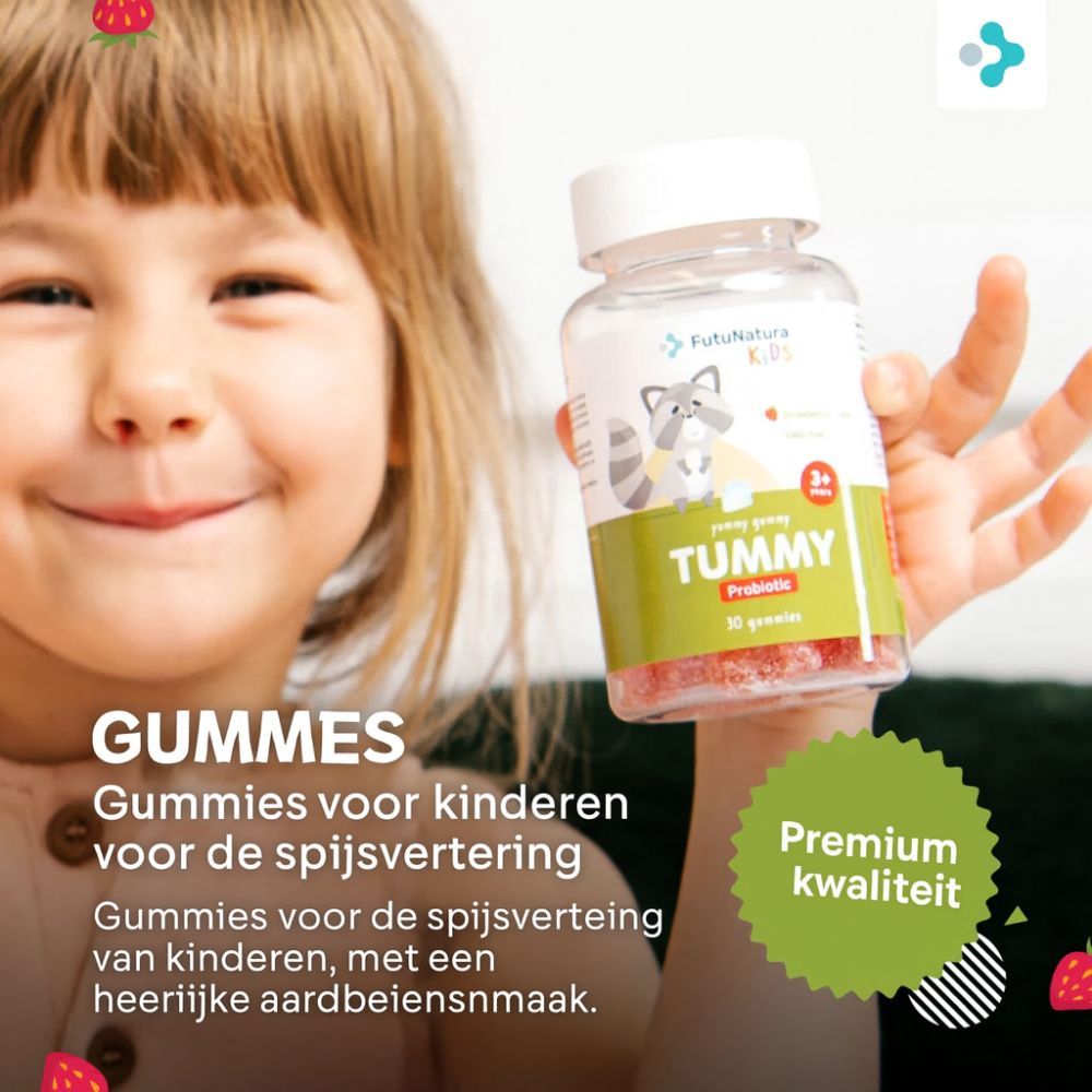 FutuNatura Tummy Kindergummies. Kind houdt fles met gummies vast. Tekst: Gummies voor de spijsvertering van kinderen, premium kwaliteit.