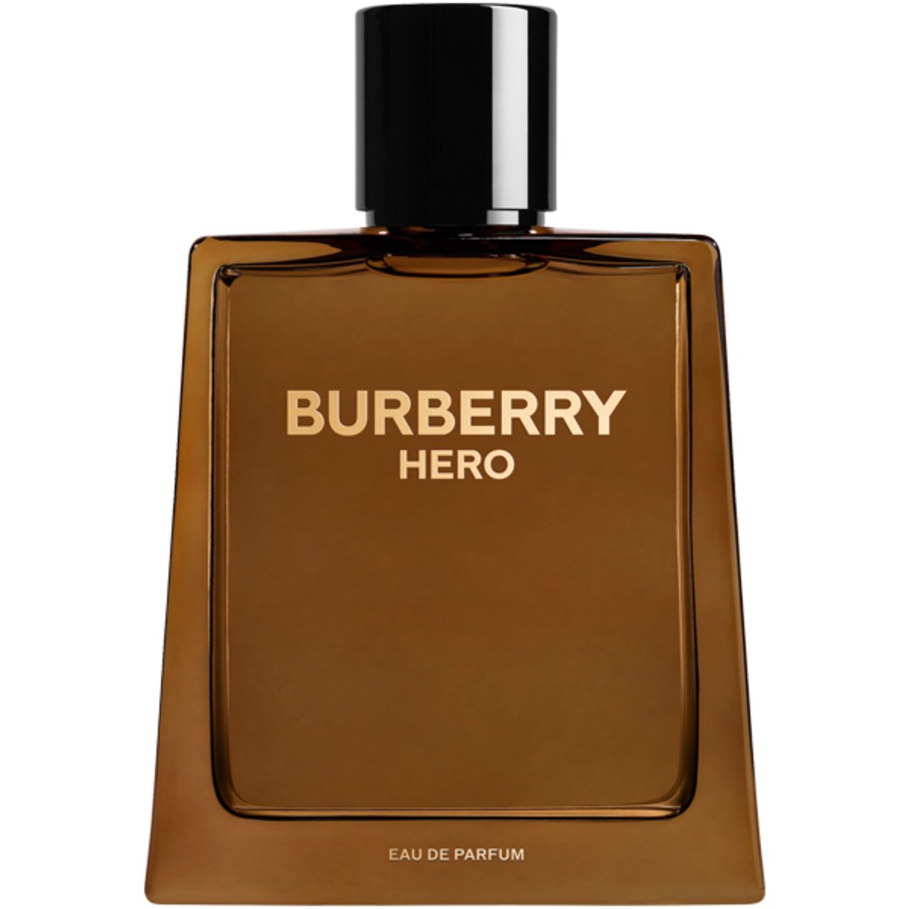 Burberry Hero E.d.P. Nat. Spray. Vierkante bruine fles, zwarte dop. Gouden belettering.