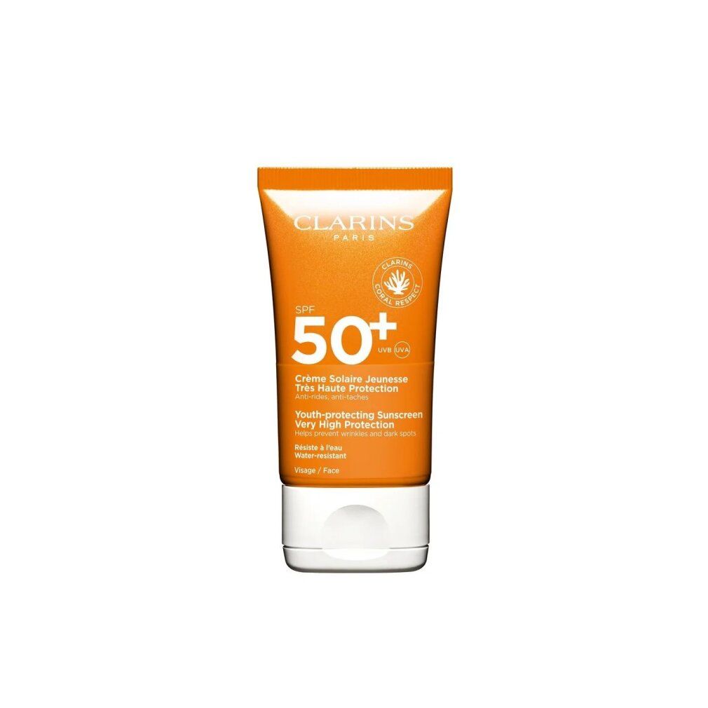 Clarins zonnecrème SPF 50+ voor het gezicht. Oranje tube met witte dop.