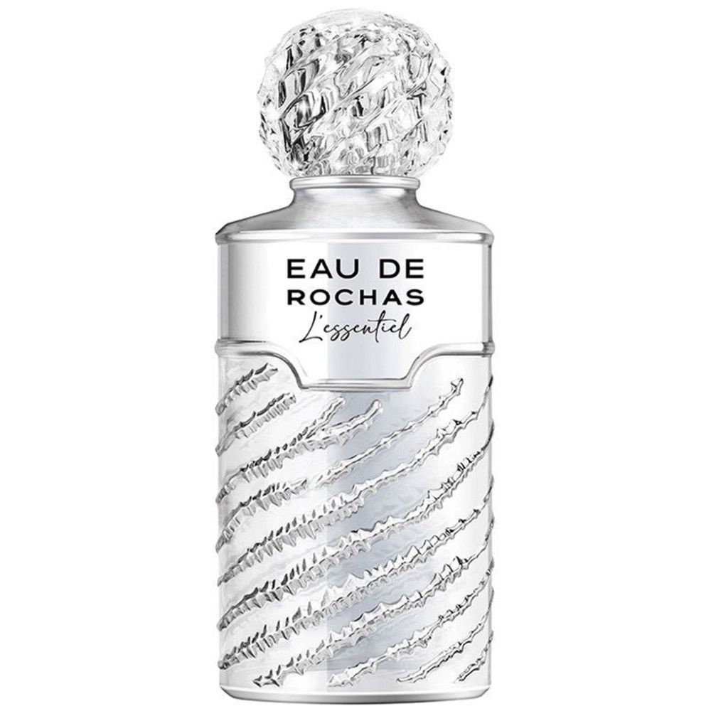 Zilverkleurige parfumfles met gegroefd oppervlak en bolvormige dop. Productnaam op de fles.