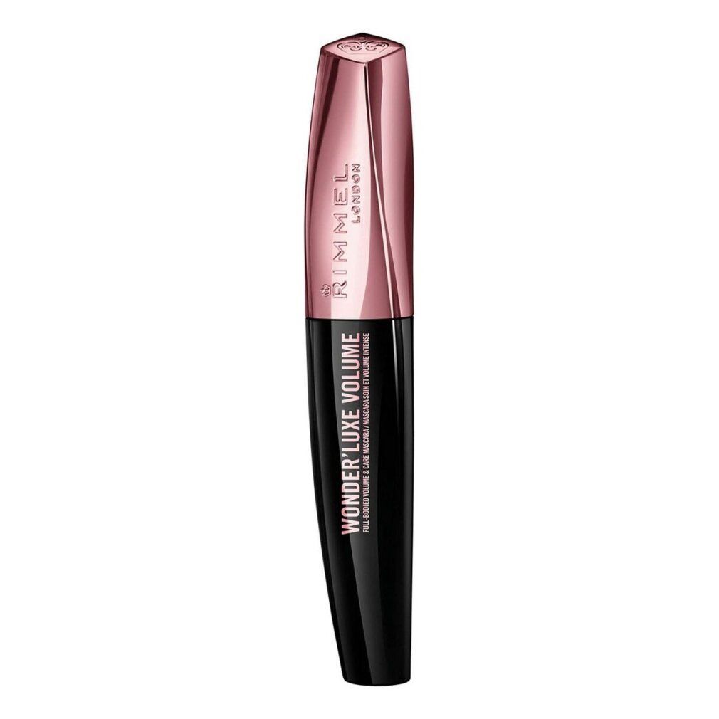 Zwarte mascara tube met roze gouden dop. Tekst: Wonder'luxe Volume, Rimmel London.