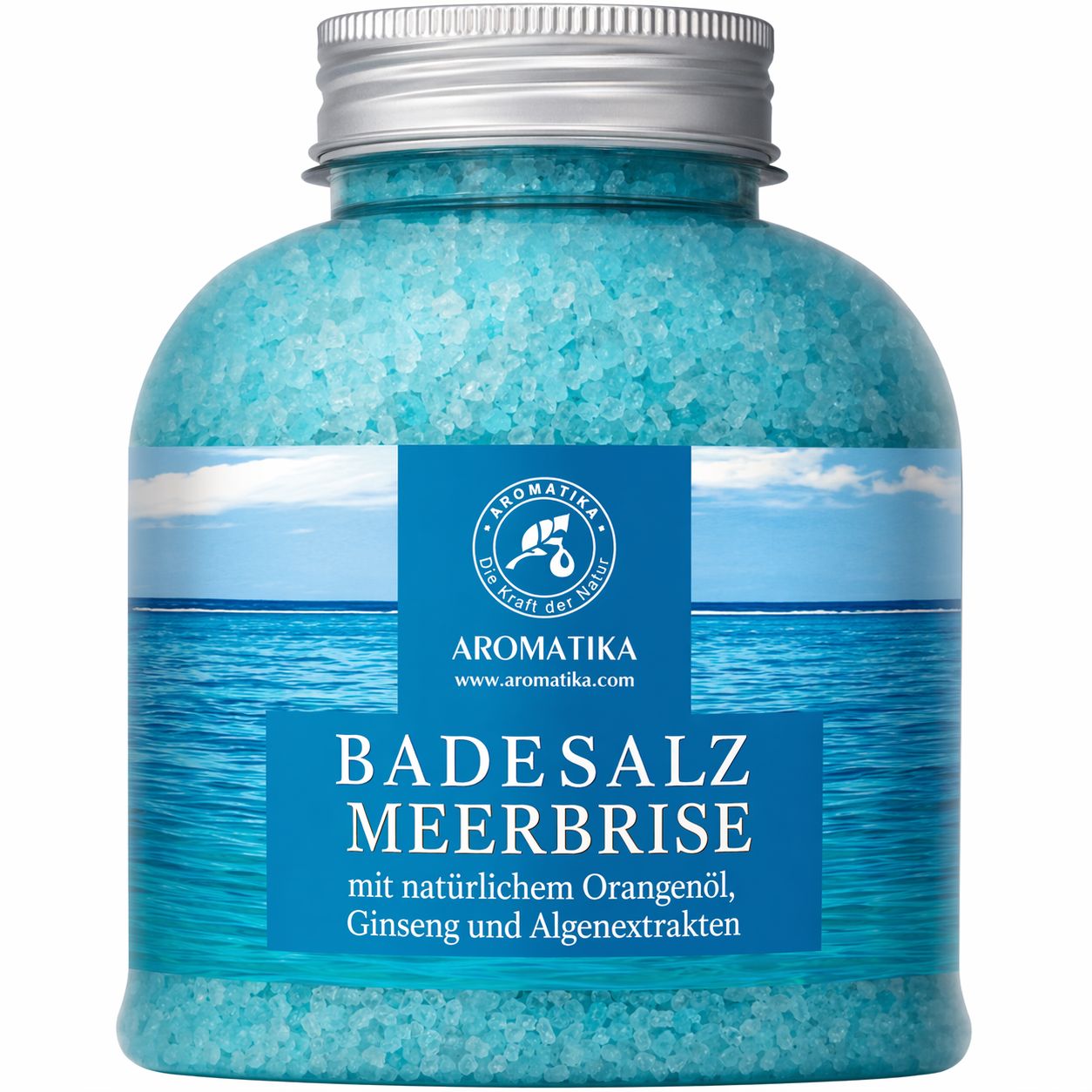 Fles met blauw badzout, etiket met zeemotief en opschrift "Badesalz Meerbrise".