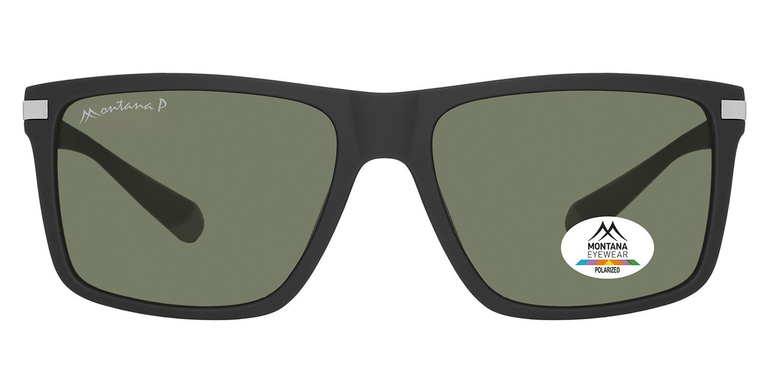 Lunettes de soleil noires à verres rectangulaires. Logo Montana Eyewear et autocollant de polarisation. Branches avec détails argentés.