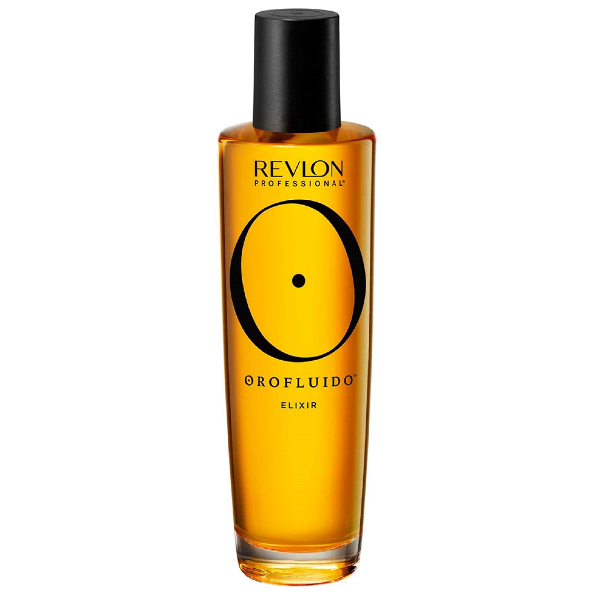 Elixir Revlon Orofluido dans une bouteille en verre transparente avec bouchon noir.