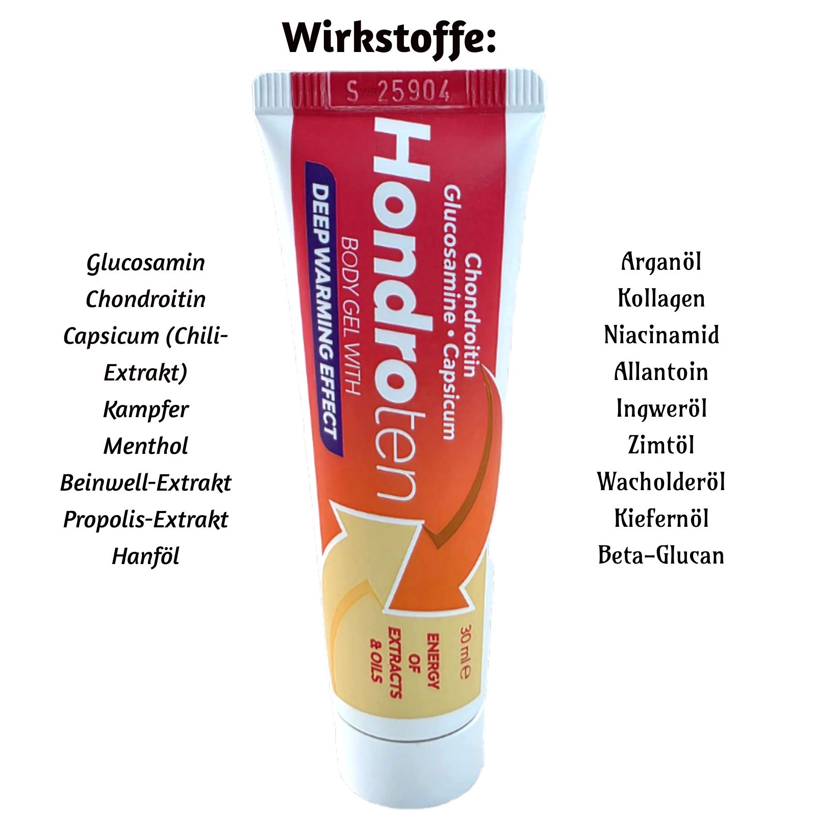 Tube Hondroten. Ingrédients : glucosamine, chondroïtine, capsicum, etc. Design orange. 30 ml. Ingrédients listés.
