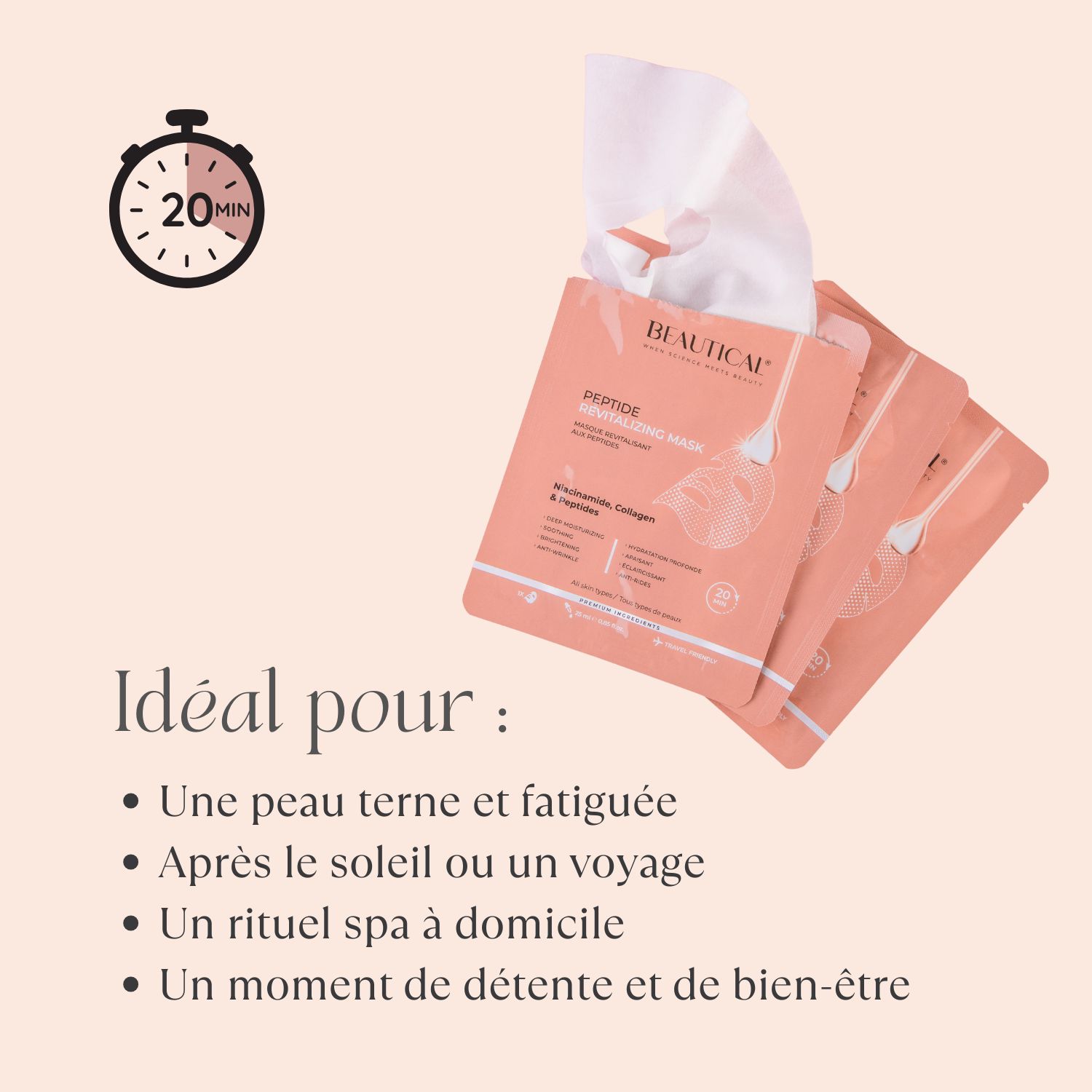 Beautical Masque Revitalisant aux Peptides. Texte. Fond rose.