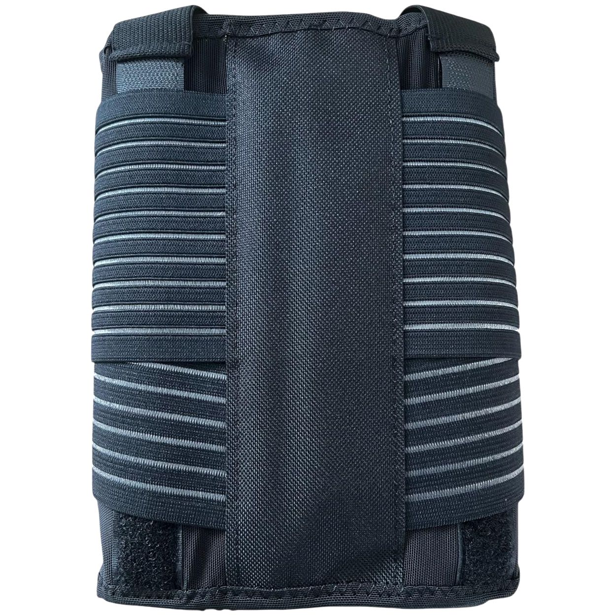 Zwarte ruggordel met elastische banden en klittenbandsluiting. Verticale en horizontale banden.