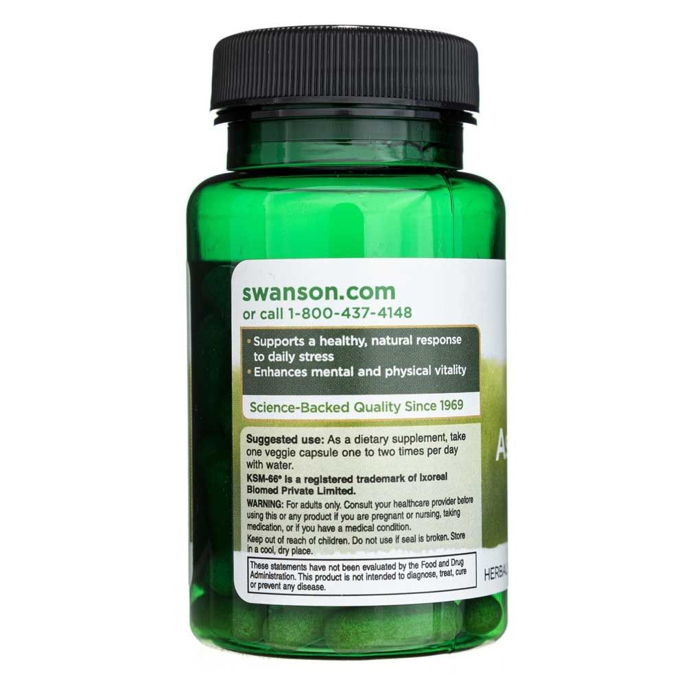 Arrière d'une bouteille verte de Swanson Ultimate Ashwagandha, Swanson.com et instructions d'utilisation.