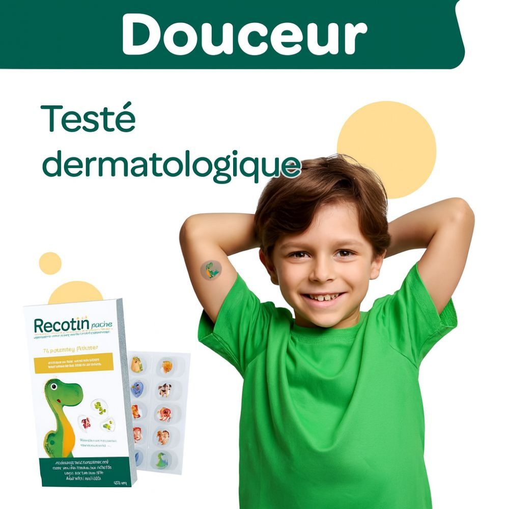 Enfant souriant. Sur le bras : patch. À droite : emballage avec des patchs. Texte : Douceur. Testé dermatologiquement.