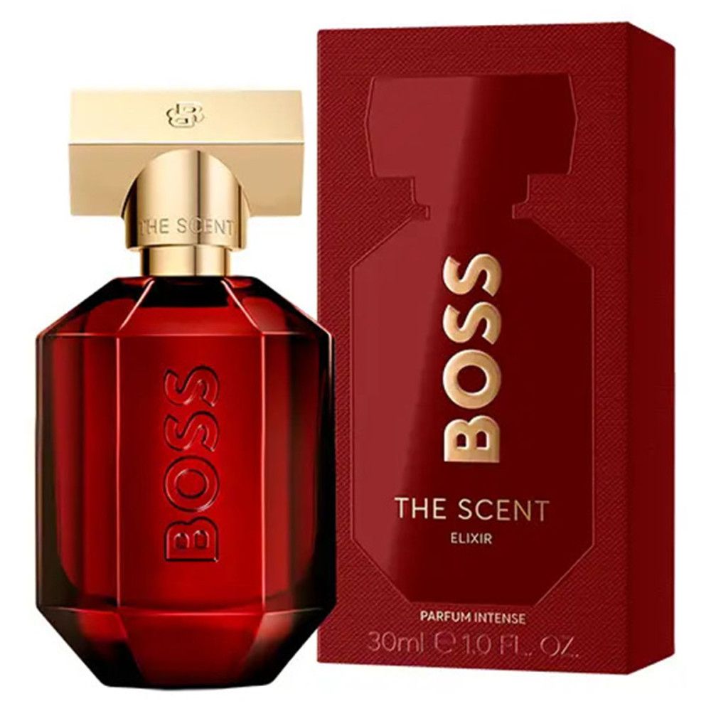Rode flacon en verpakking. Gouden BOSS-opschrift. "THE SCENT ELIXIR" en "PARFUM INTENSE" zichtbaar. 30ml.