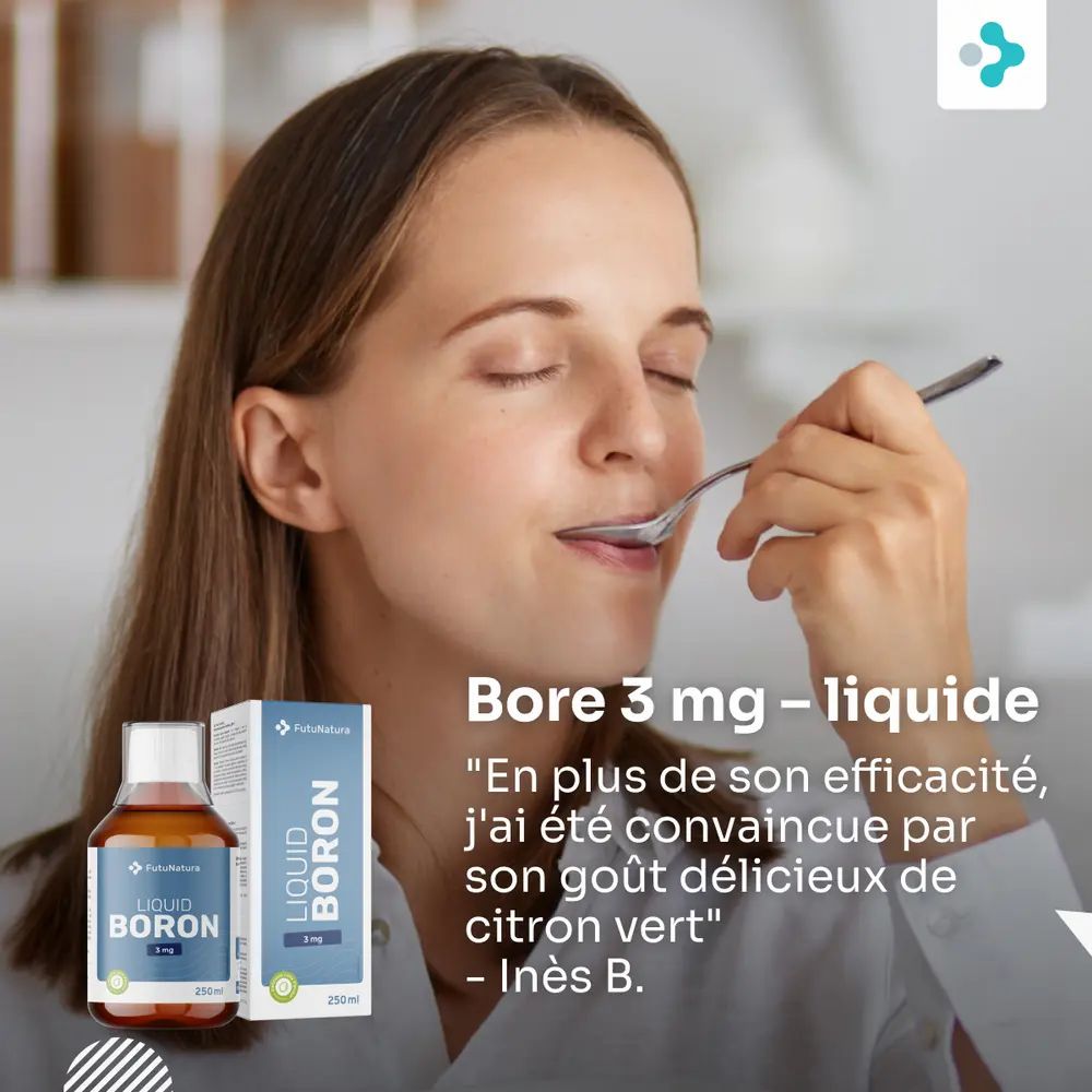 Femme mangeant avec une cuillère. Bouteille et boîte de complément liquide au bore.