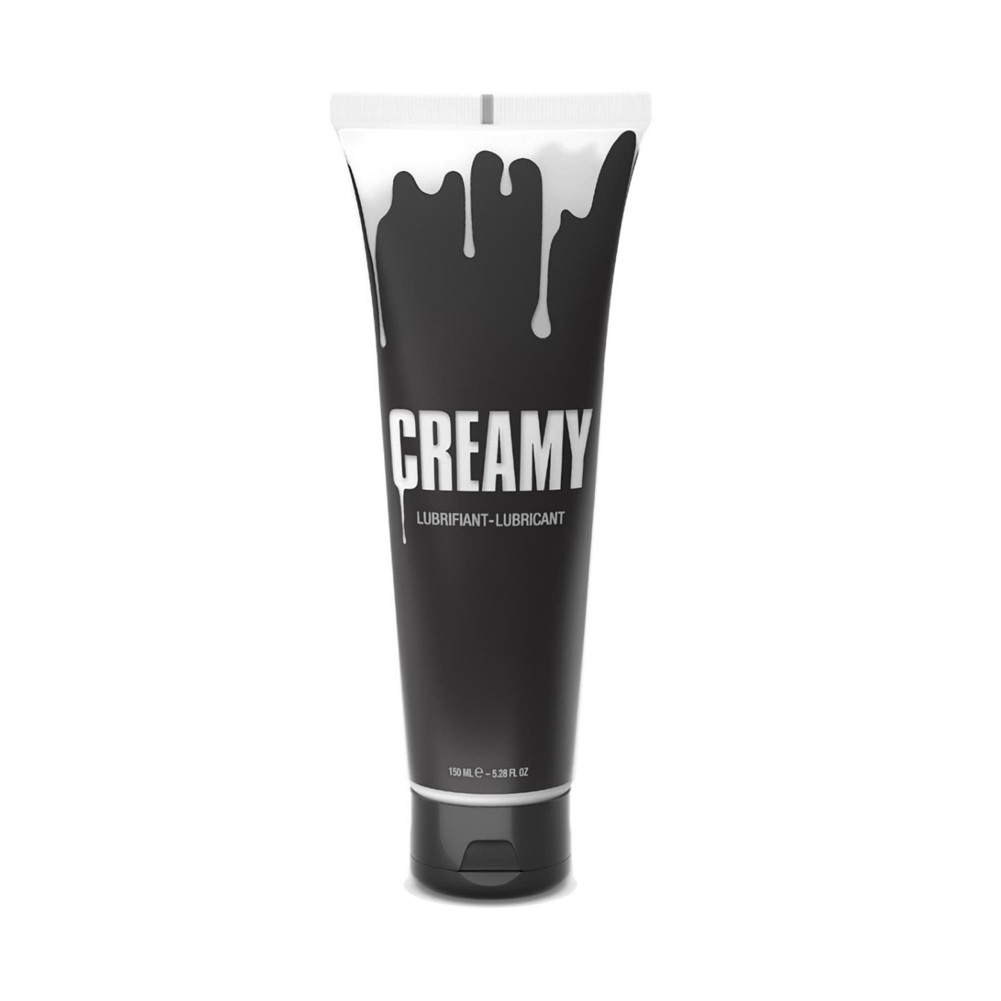Tube noir avec un design blanc dégoulinant et l'inscription "CREAMY LUBRIFIANT-LUBRICANT".