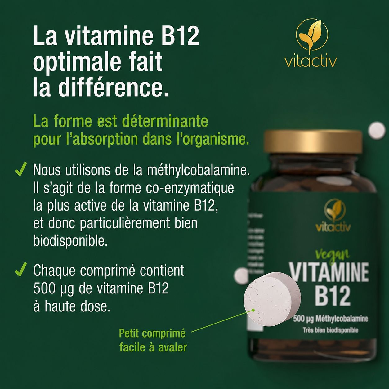 Cinq jeunes adultes souriants se donnent un high five devant un mur de briques. Texte : Éveillez votre vitalité ! Vitamine B12 – 100 % végétalienne.