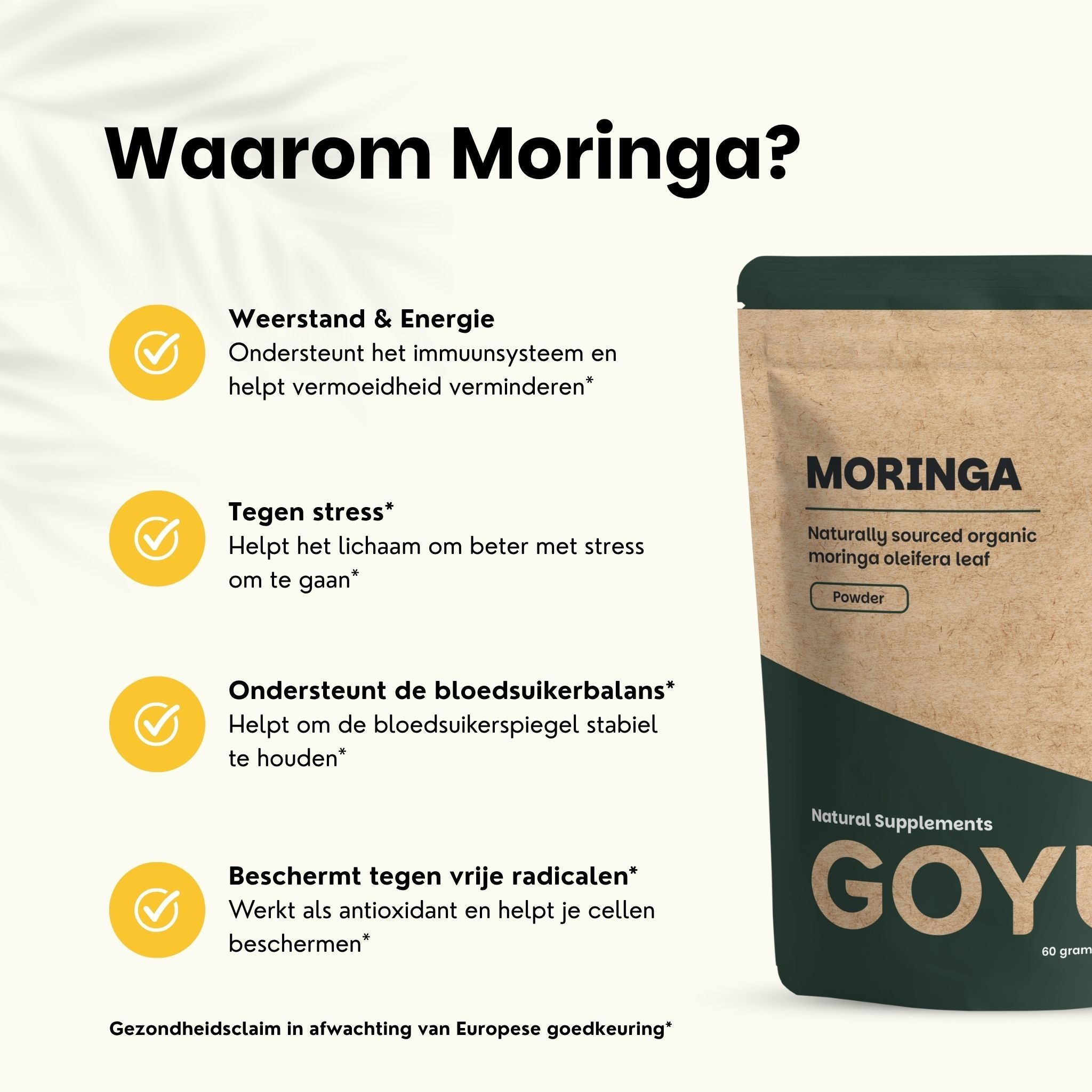 100% natuurlijke Moringa poeder: EU-ingekocht, in NL verpakt, 1 maand doseringen.