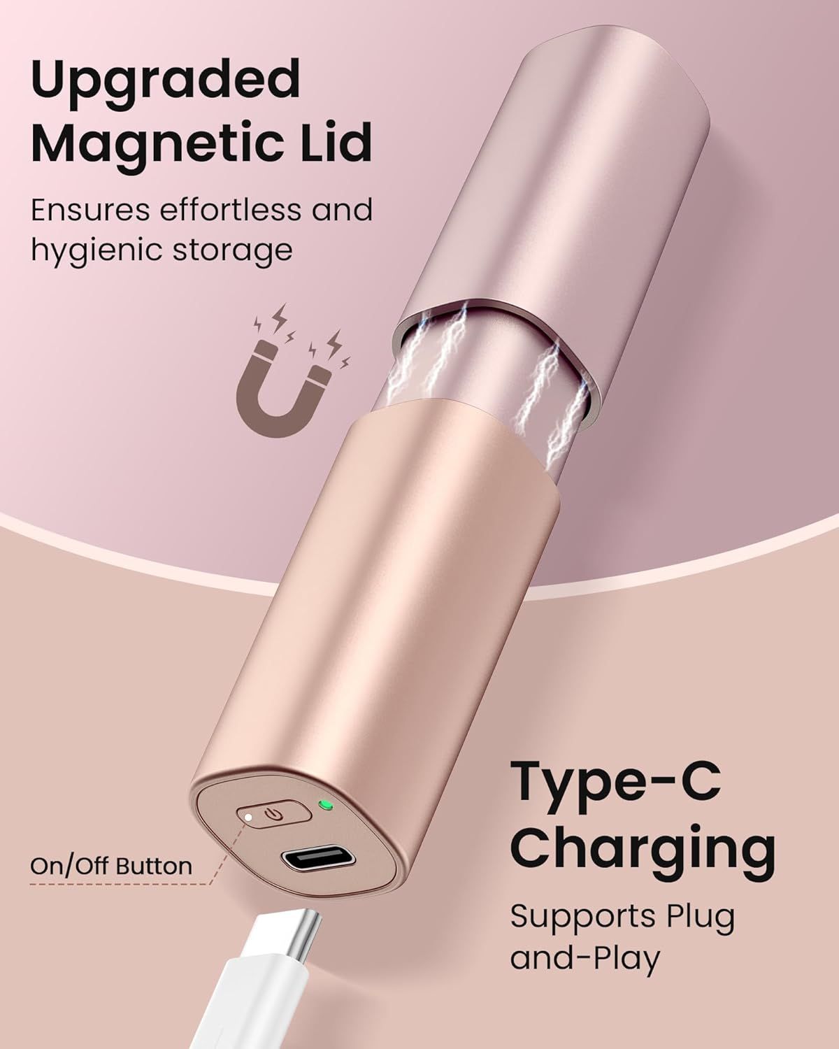 Épilateur facial rose avec couvercle magnétique. Texte : Chargement Type-C. Bouton marche/arrêt. Port USB-C. Câble de charge blanc.