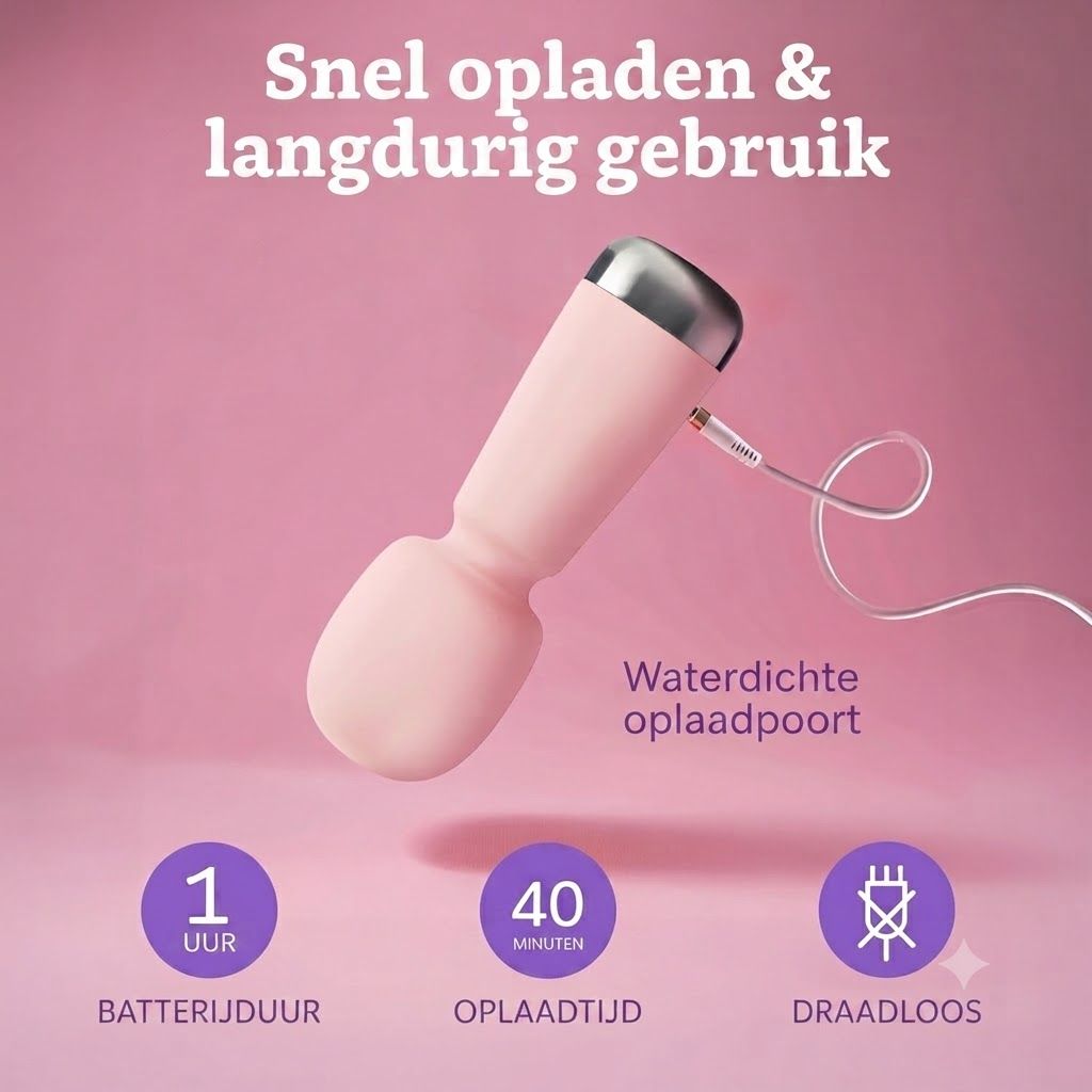 Een roze massageapparaat met oplaadkabel. Waterdichte oplaadpoort, 1 uur batterijduur, 40 minuten oplaadtijd.