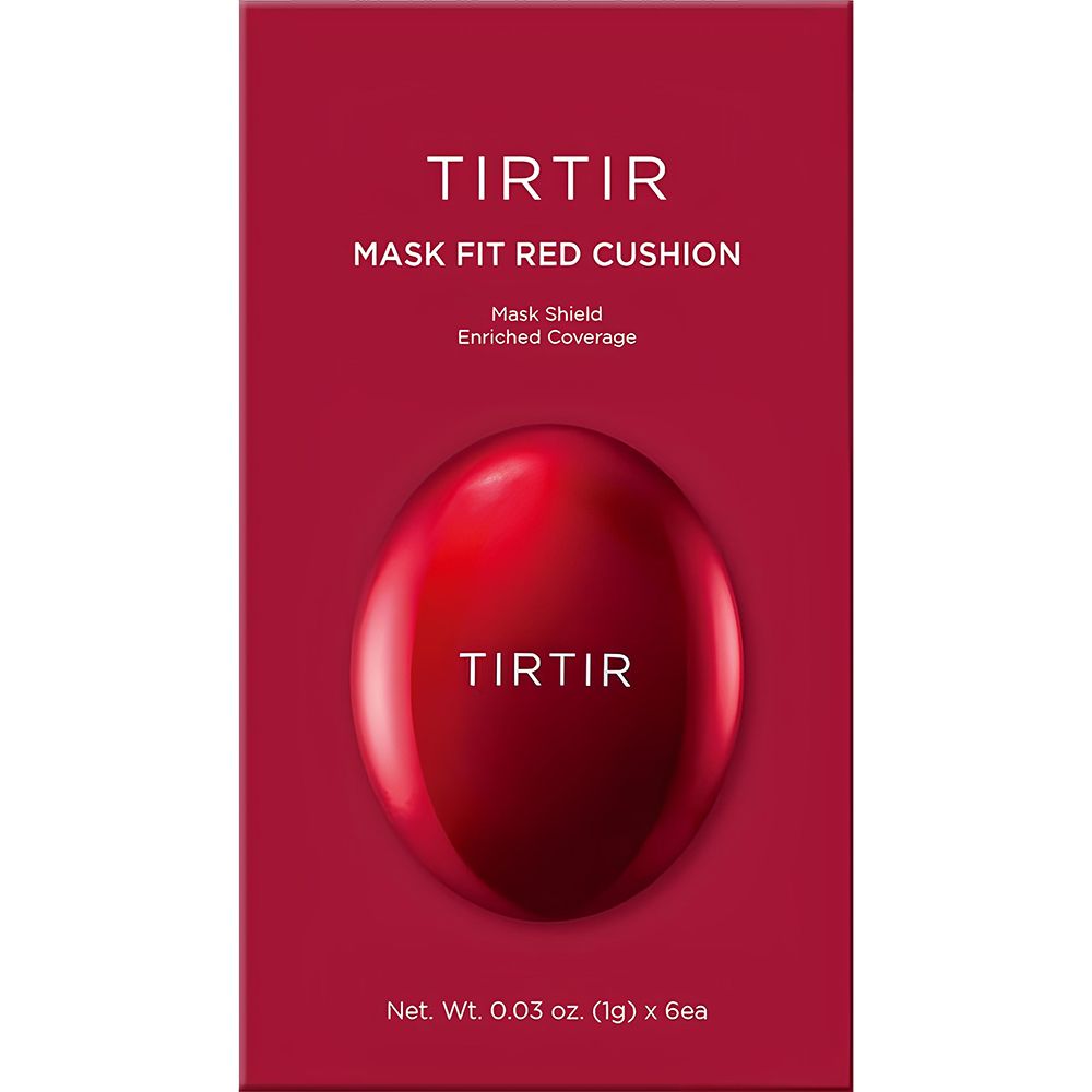 Rode verpakking met rood product. Tekst: TIRTIR Mask Fit Red Cushion, Mask Shield Enriched Coverage. Net. Wt. 0.03 oz. (1g) x 6ea.