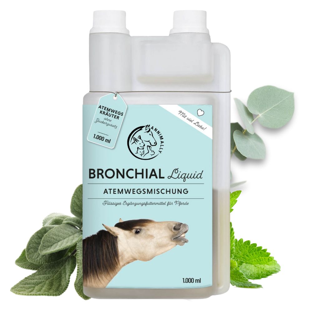 Bouteille de Annimally Bronchial Liquid. Inscription: Bronchial Liquid, mélange respiratoire. 1.000 ml. Avec des herbes.