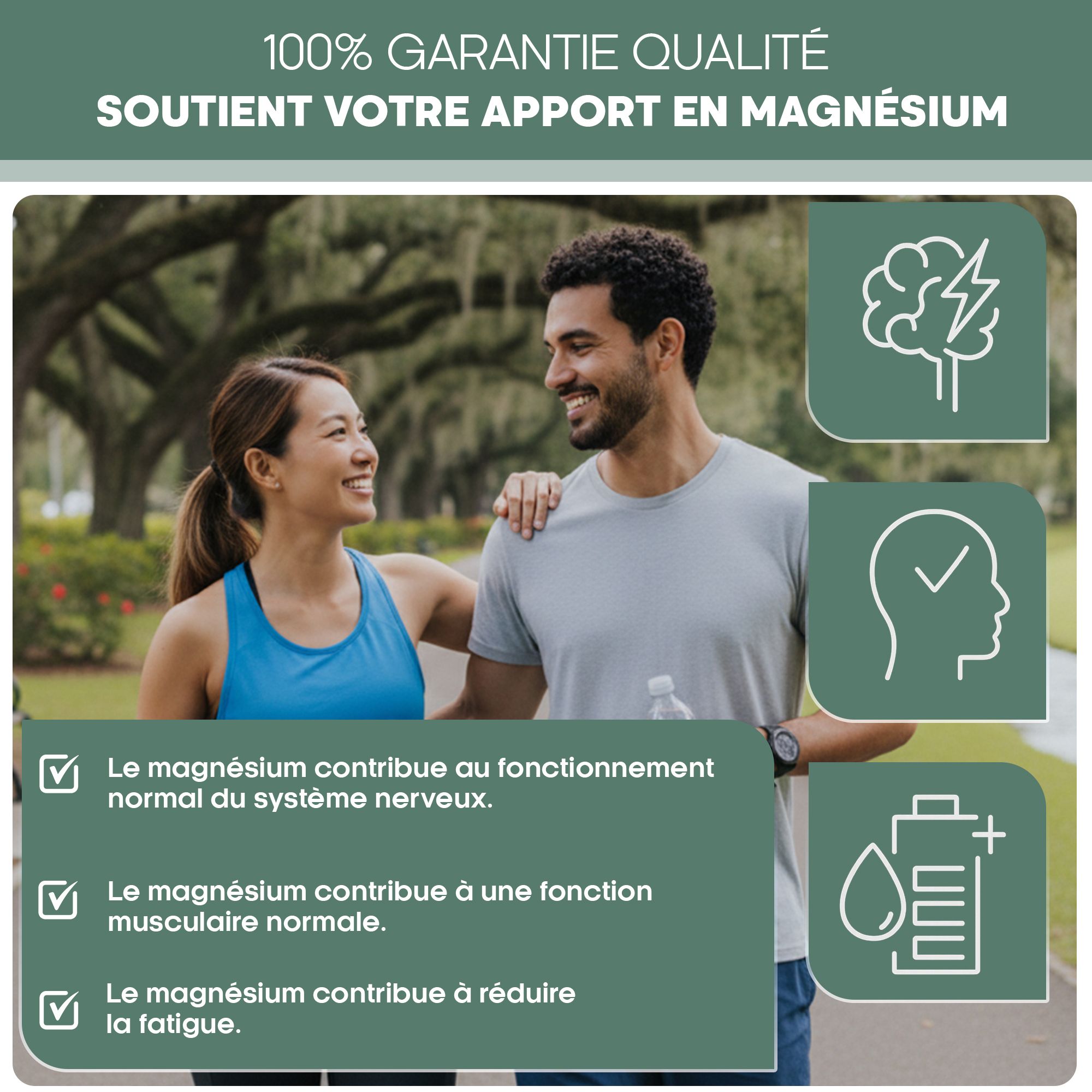 Couple en promenade, icônes pour nerfs, tête, énergie. Avantages du magnésium.
