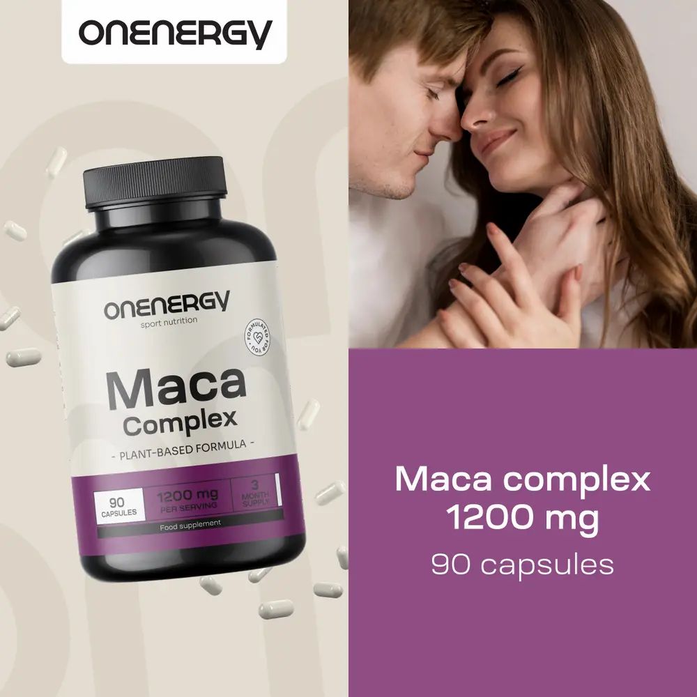 Maca complex 1200 mg, 90 capsules. Koppel omarmt elkaar. OnEnergy logo. Tekst: Maca complex 1200 mg.