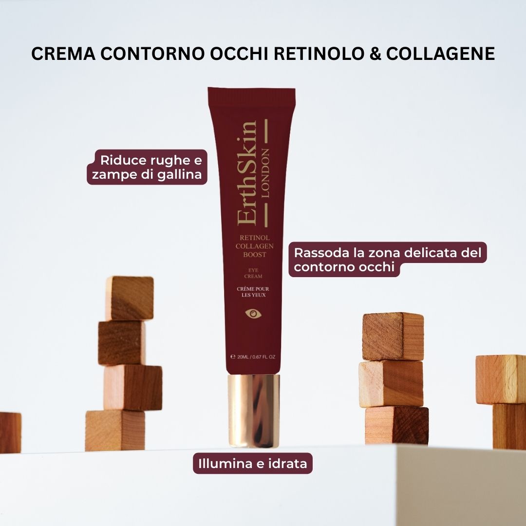Tube rouge avec nom du produit et logo. Inscription : RETINOL COLLAGEN BOOST EYE CREAM. Texte doré. Blocs de bois en arrière-plan.