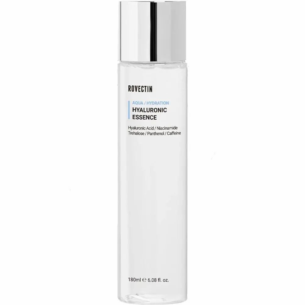 Cilindrische fles met zilveren dop. Opschrift: ROVECTIN Aqua/Hydration Hyaluronic Essence. 180ml.