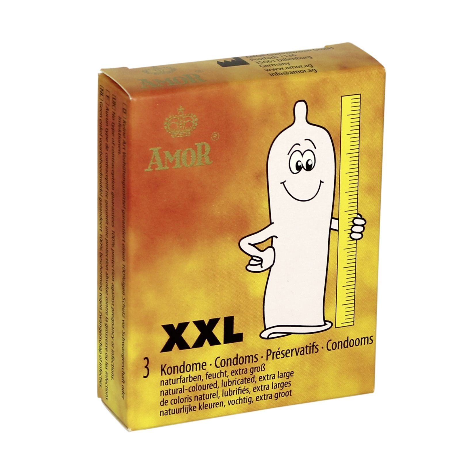 Boîte de préservatifs AMOR XXL, 3 unités. Illustration d'un préservatif avec une règle.