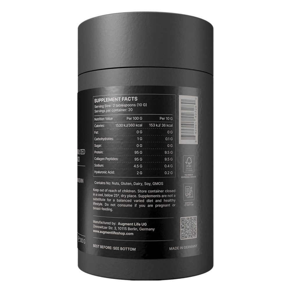 Informations nutritionnelles sur boîte noire : peptides de collagène, acide hyaluronique, protéines.
