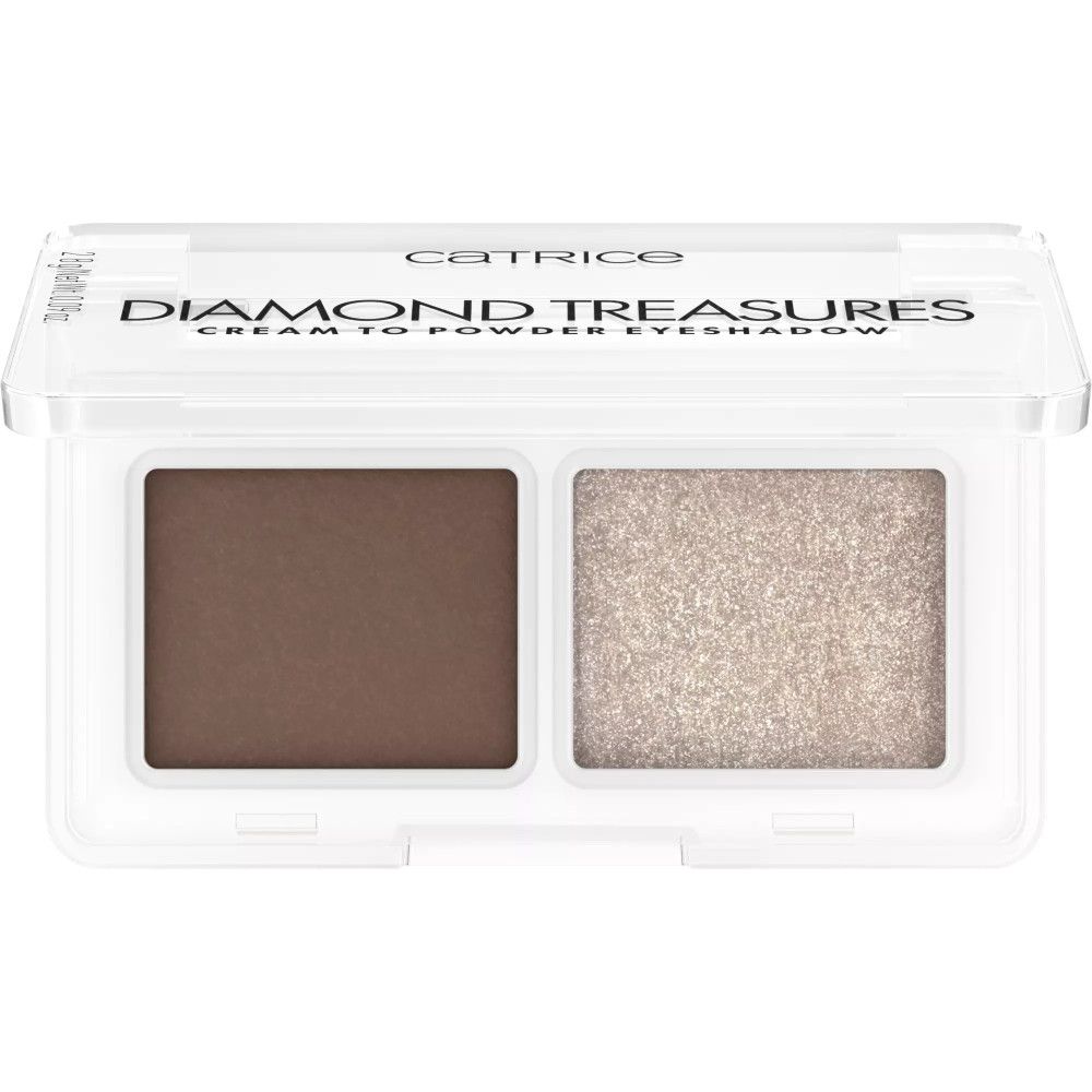Palette de fards à paupières Catrice. Deux teintes dans un emballage transparent. Texte: Diamond Treasures Cream to Powder Eyeshadow.