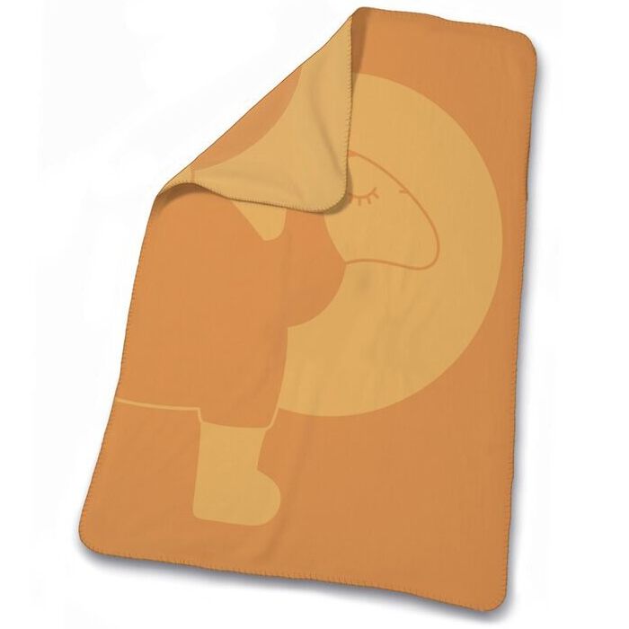 Oranje deken met kameelillustratie. Gele achterkant. Hoekweergave.