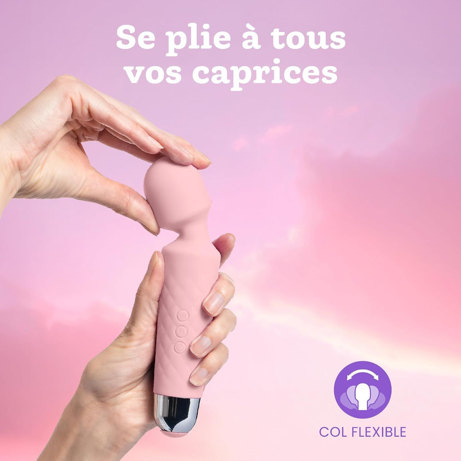 Un vibromasseur rose avec un manche texturé et un embout argenté, doté d'un col flexible.