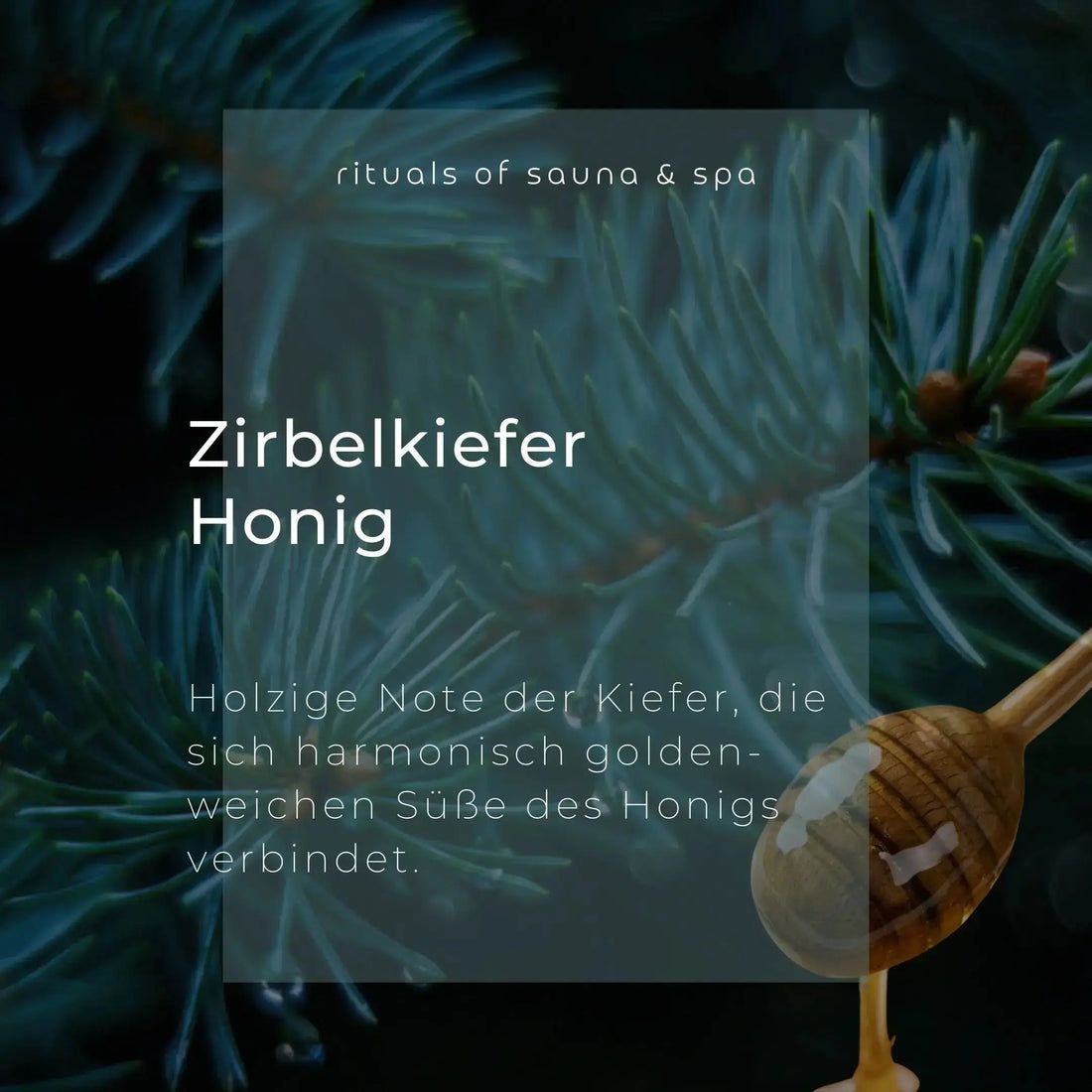 Tekst op groene achtergrond: Zirbelkiefer Honig. Houtachtige noot van den, harmonie met honing. Honinglepel.