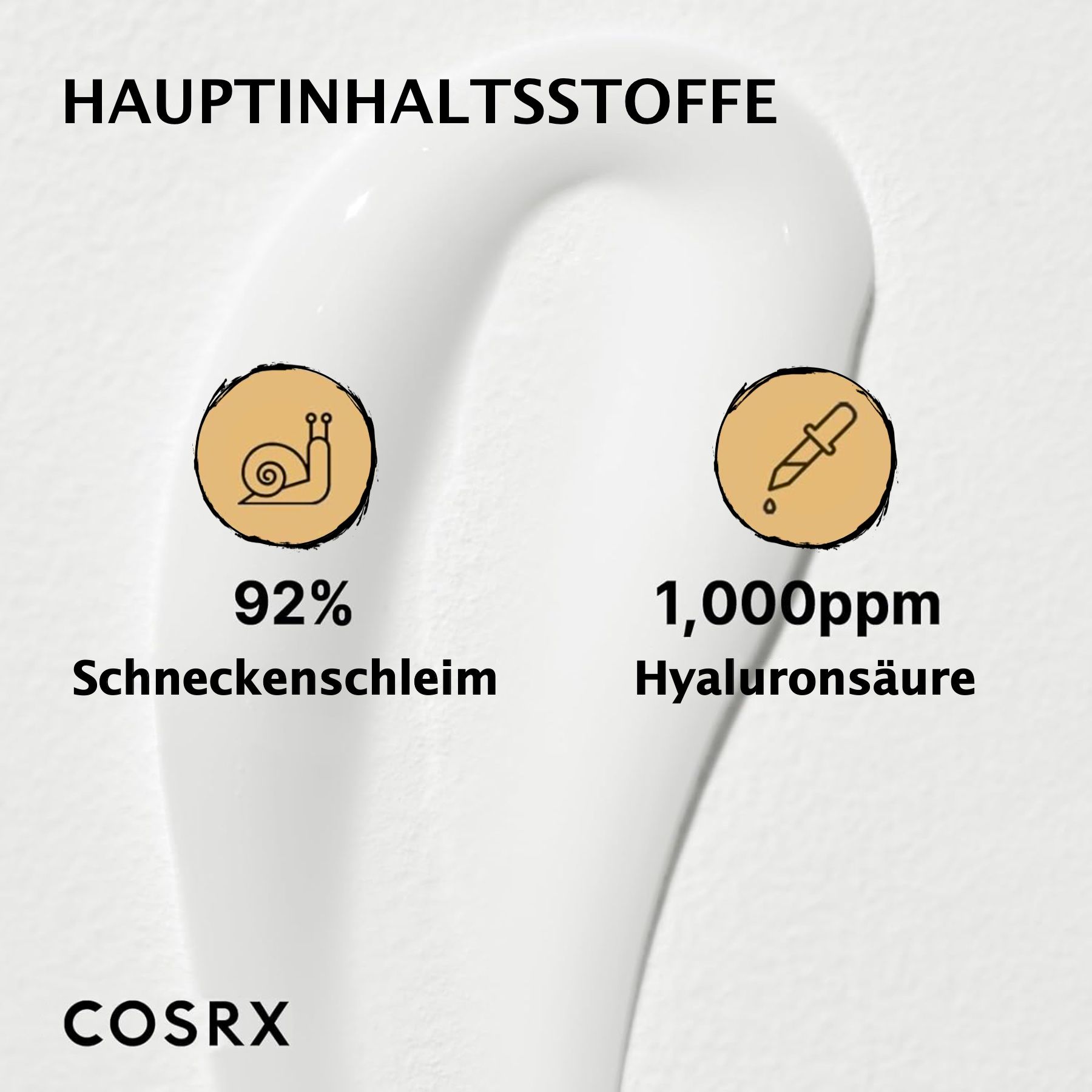 Productstreep met 92% slakkenslijm en 1.000 ppm hyaluronzuur. Opschrift: COSRX.