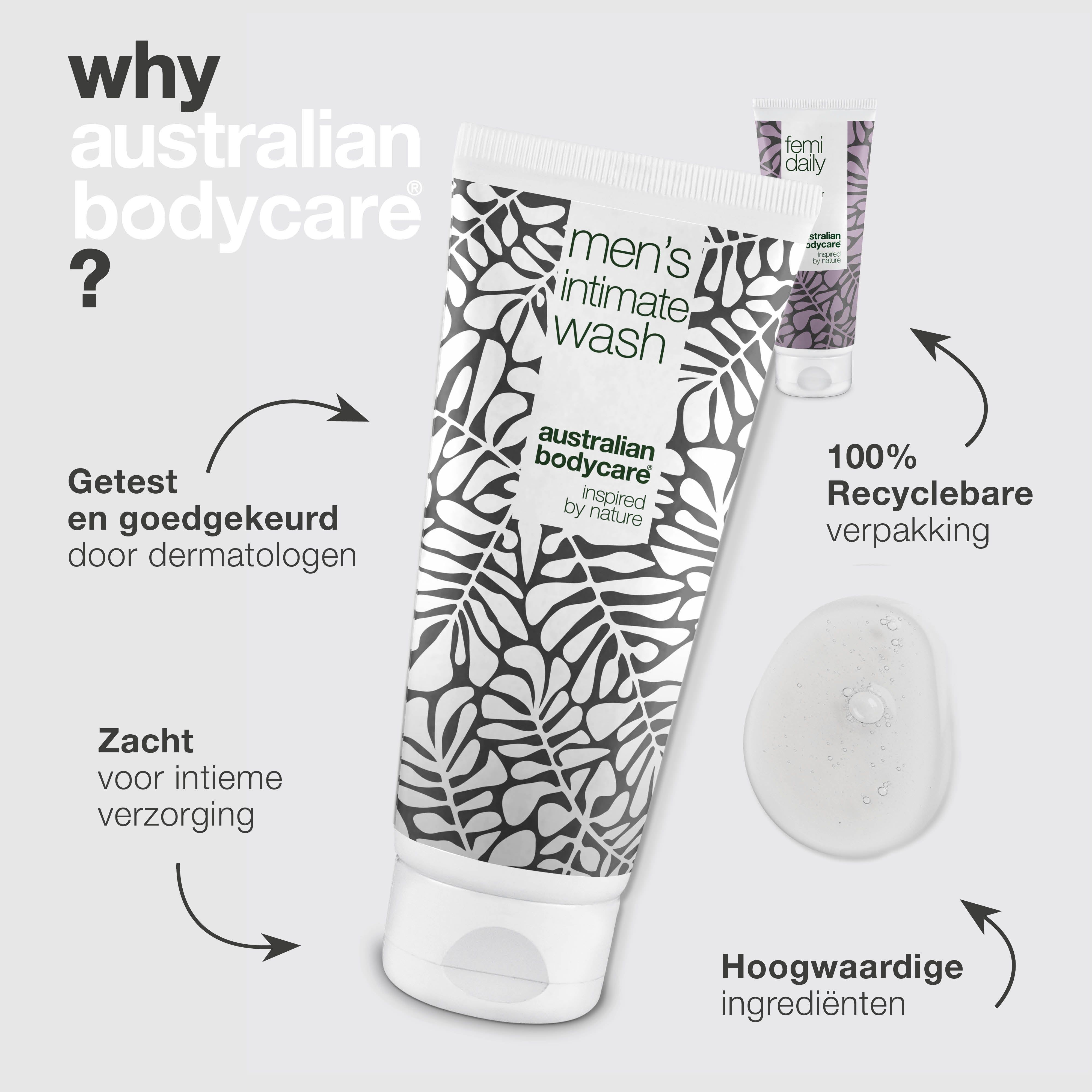 Intieme wasgel en moisturizer. Tekst: Waarom Australian Bodycare? Voordelen opgesomd.