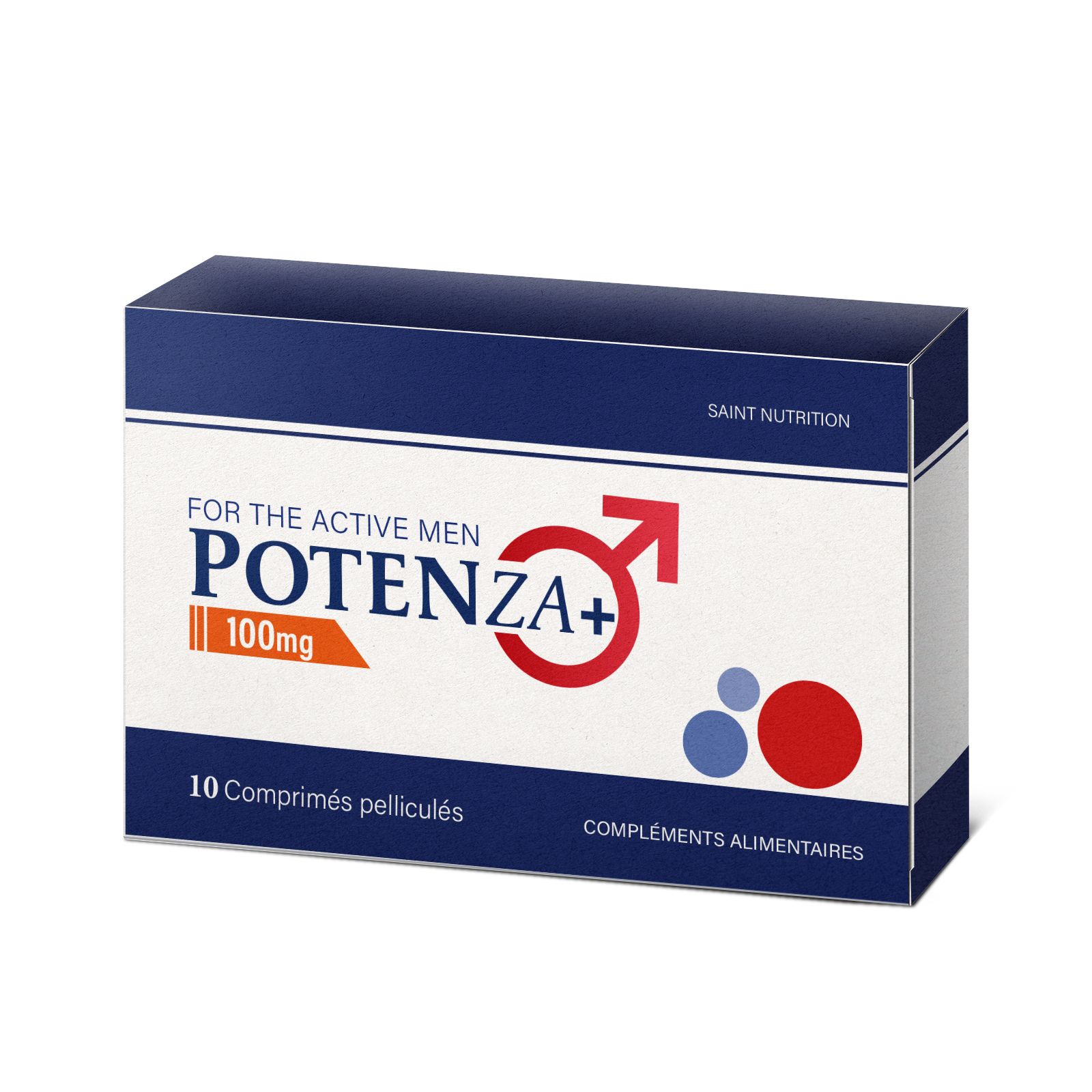 Boîte de comprimés. Texte : Potenza+ 100mg. Pour l'homme actif. 10 comprimés pelliculés. Compléments alimentaires.