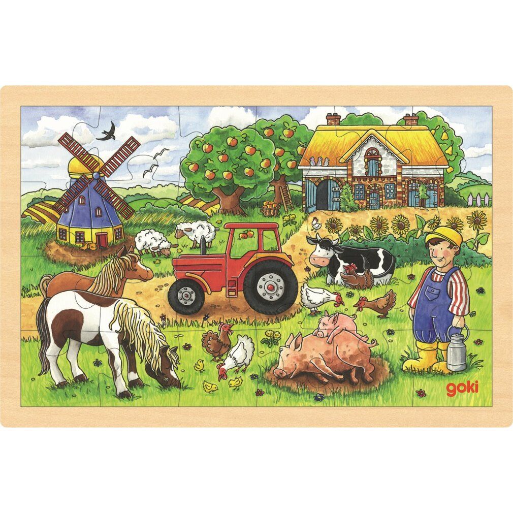Puzzle Goki 'La fattoria di Mr Miller' de 24 pièces. Cadre en bois, scène de ferme avec animaux, tracteur et maison. Logo Goki.