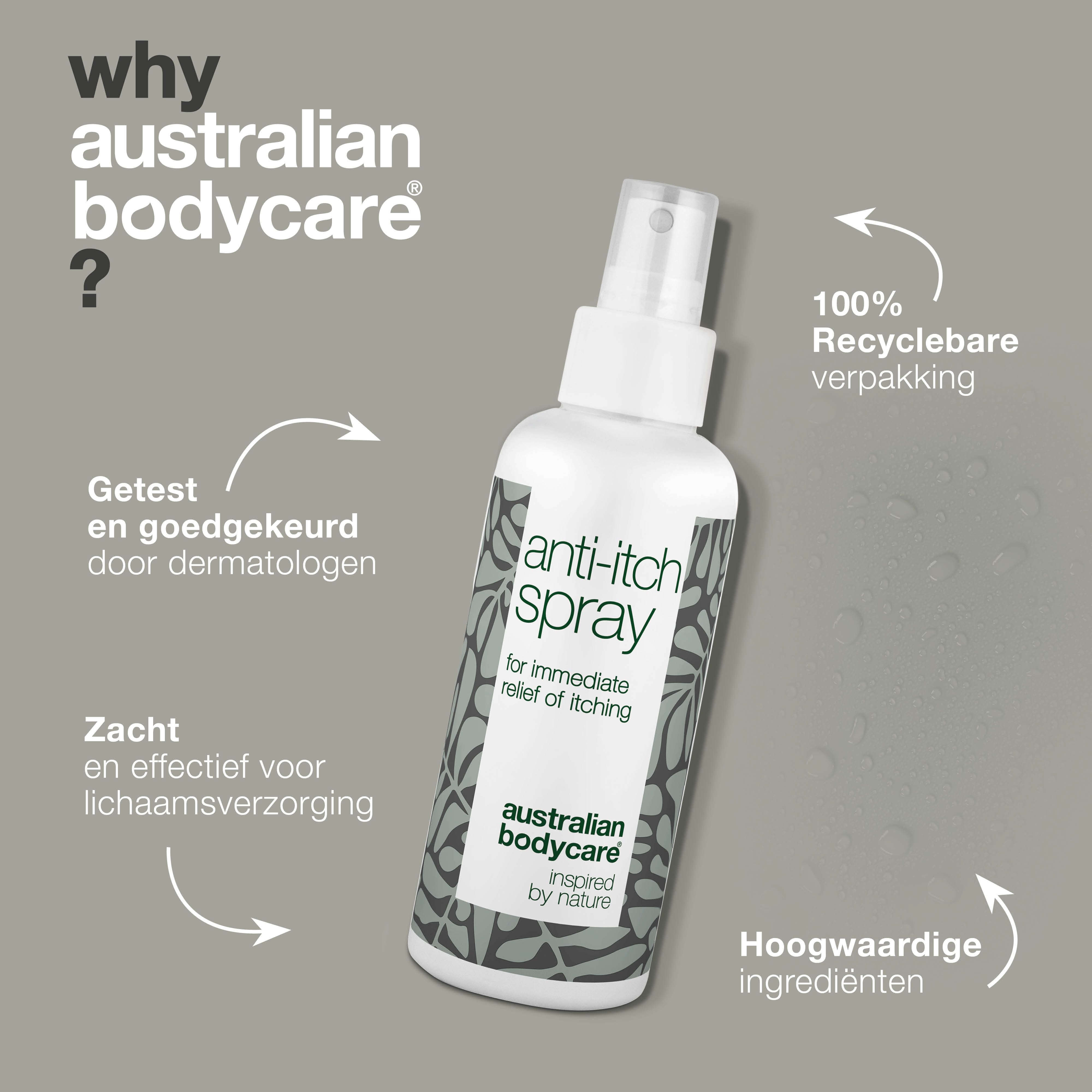 Spray tegen jeuk met tekst: 'Getest en goedgekeurd door dermatologen'.