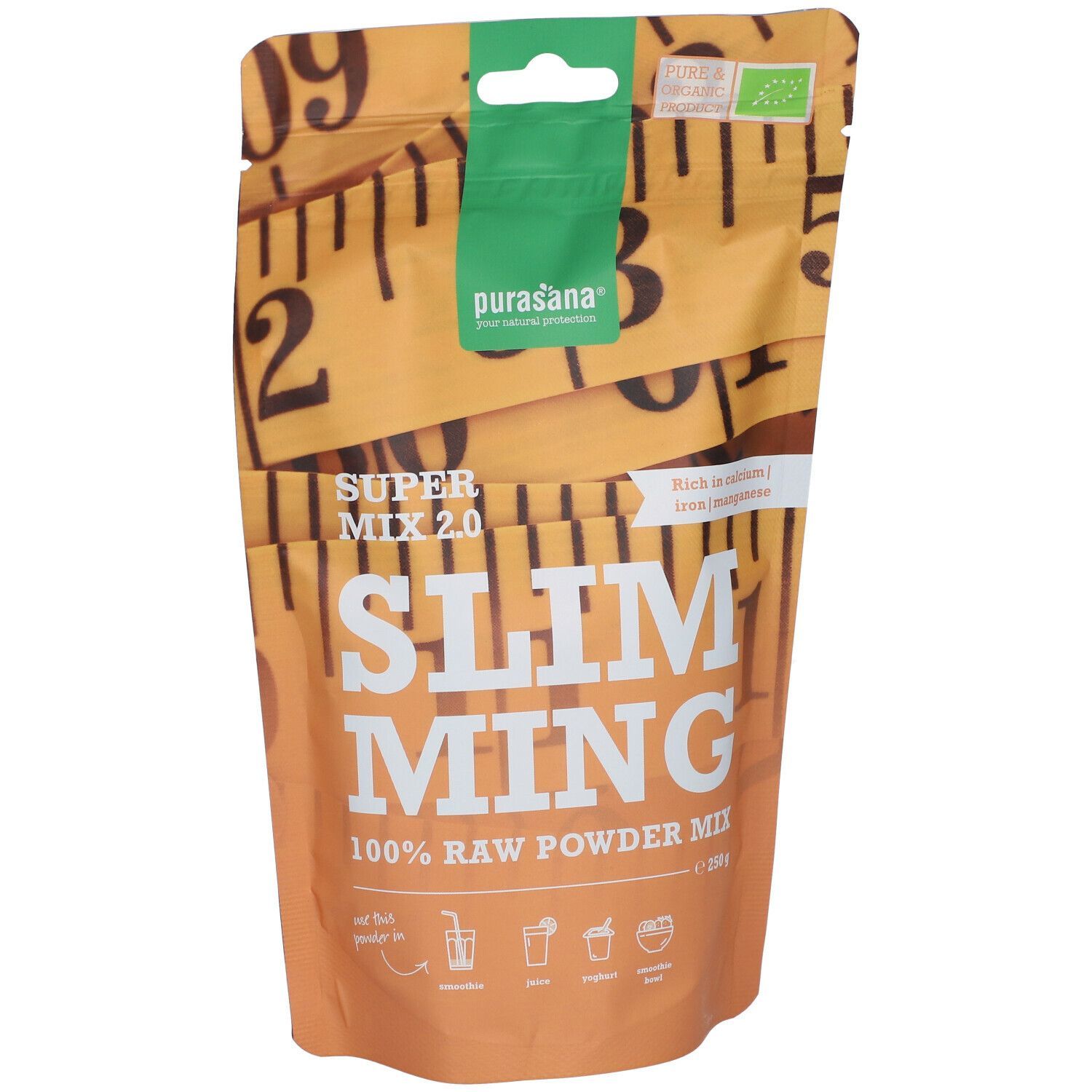 Purasana Slimming Mix 2.0 zakje, bruin-wit, met tekst en logo. Bio-label. Vooraanzicht.