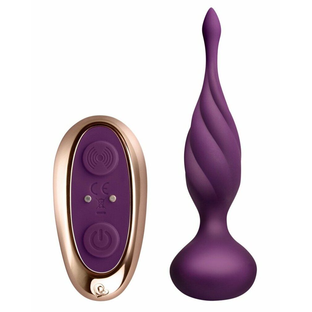 Stimulateur anal violet au design rainuré et base large, à côté d'une télécommande.