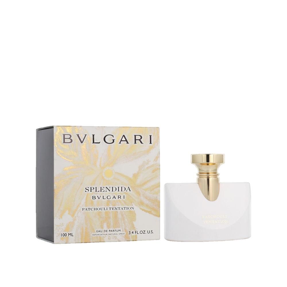 Witte flacon met gouden dop en verpakking. Opschrift "BVLGARI SPLENDIDA".