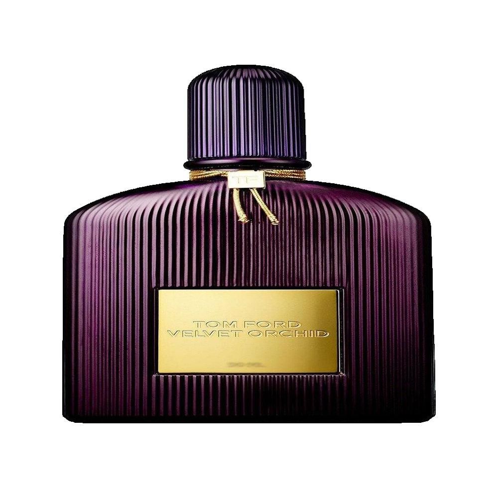 Donkerviolette parfumfles met geribbelde oppervlakte. Gouden etiket met tekst. Zwarte dop.