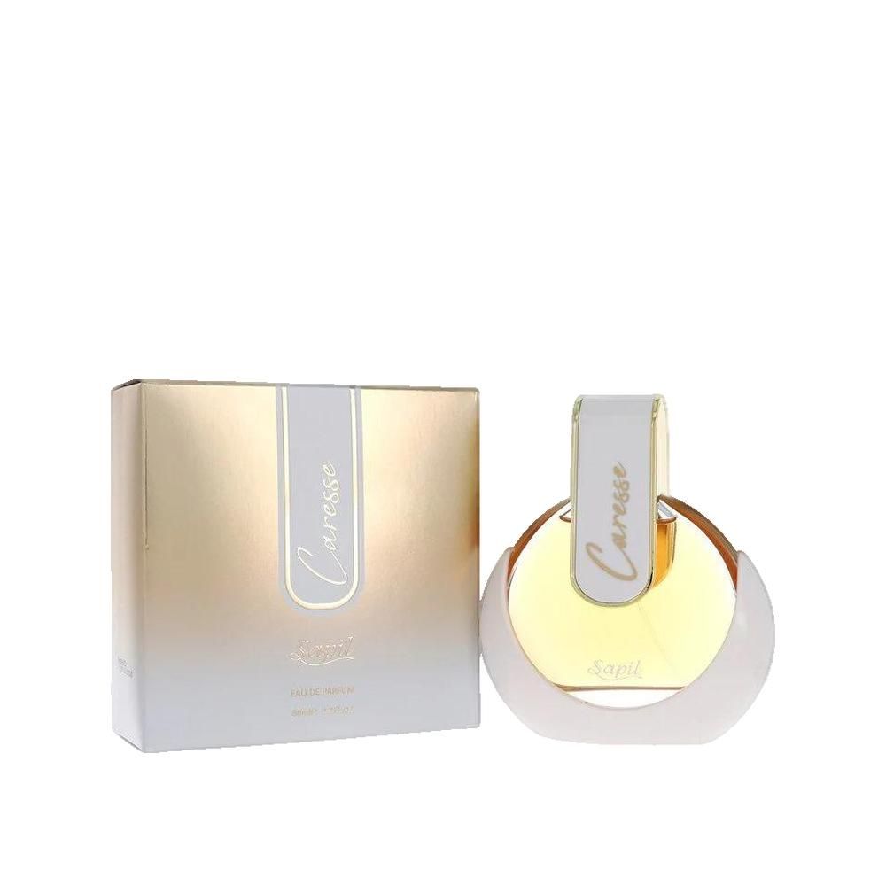 Parfumfles en verpakking. Ronde fles, wit-goudkleurig. Verpakking goud-wit met opschrift Caresse.