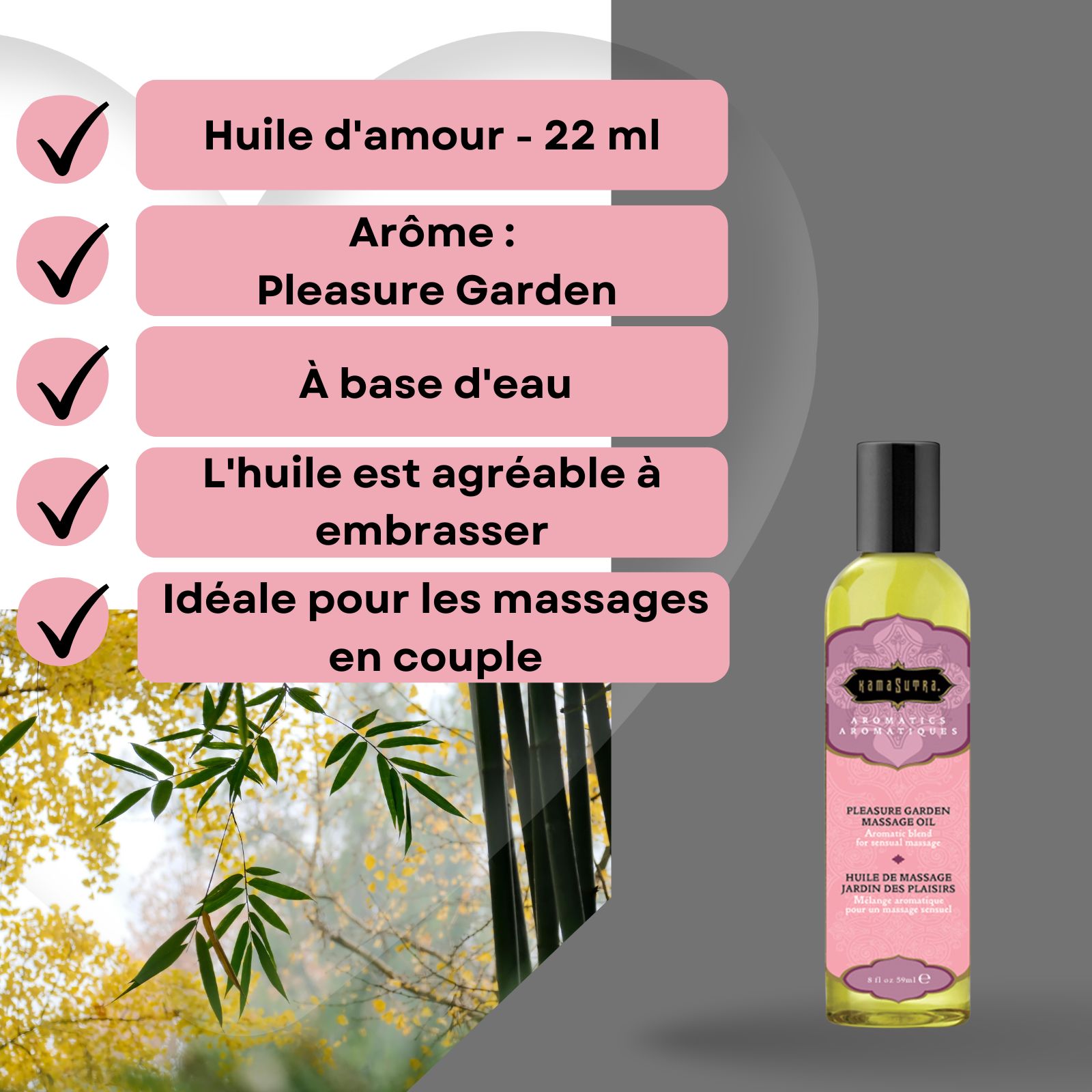 Informations produit : Huile d'amour, Arôme Pleasure Garden, à base d'eau, nourrit la peau, idéal pour les massages en couple. Bouteille en arrière-plan.