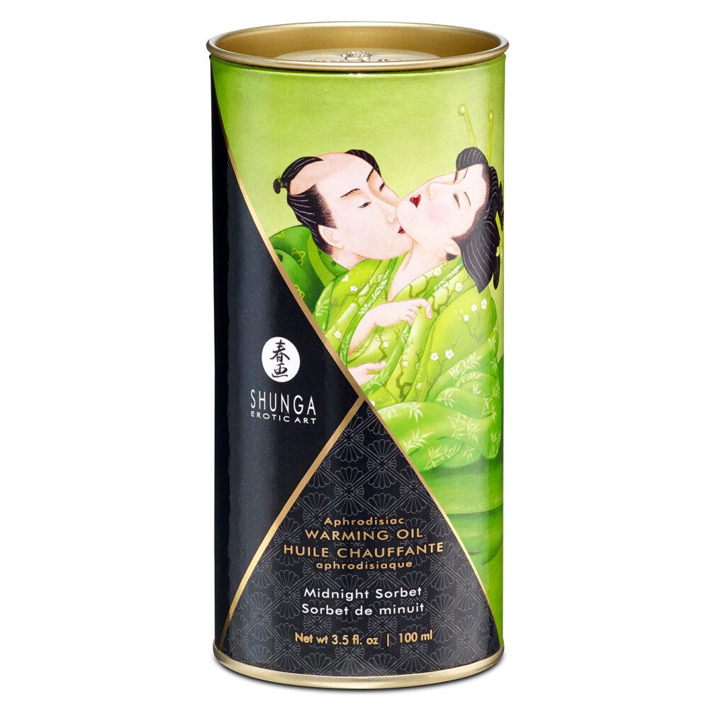 Emballage cylindrique avec fond vert et illustration. Inscription: Shunga, Warming Oil, Midnight Sorbet.